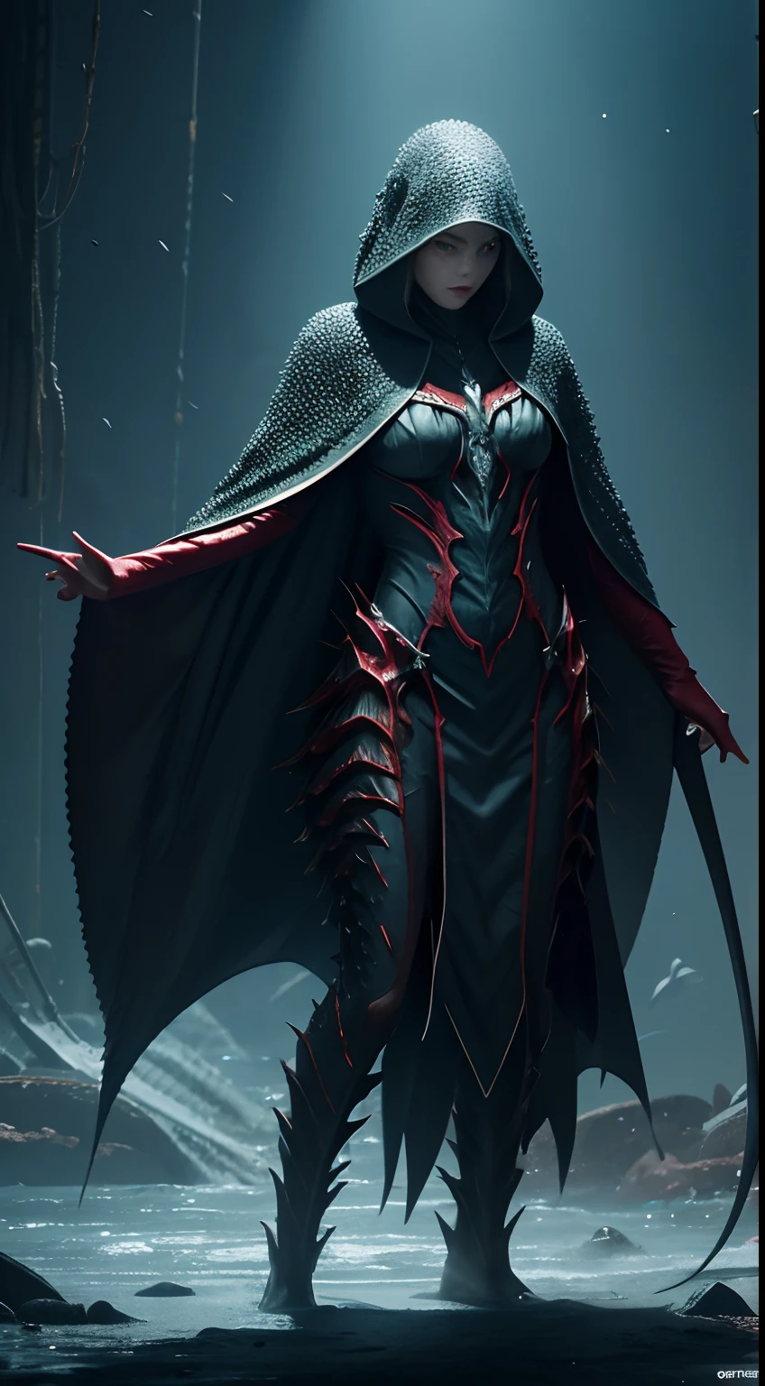 Sea creatures pounce,Woman in stingray cloak、Full body,Animal anthropomorphism, sharp caudal spines,、red eyes、cruel、Realistic Digital, Humanoid、Convoluted, epicd, Dramatic, masutepiece, high detailing, Best Quality, 超A high resolution、Horror movie lighting