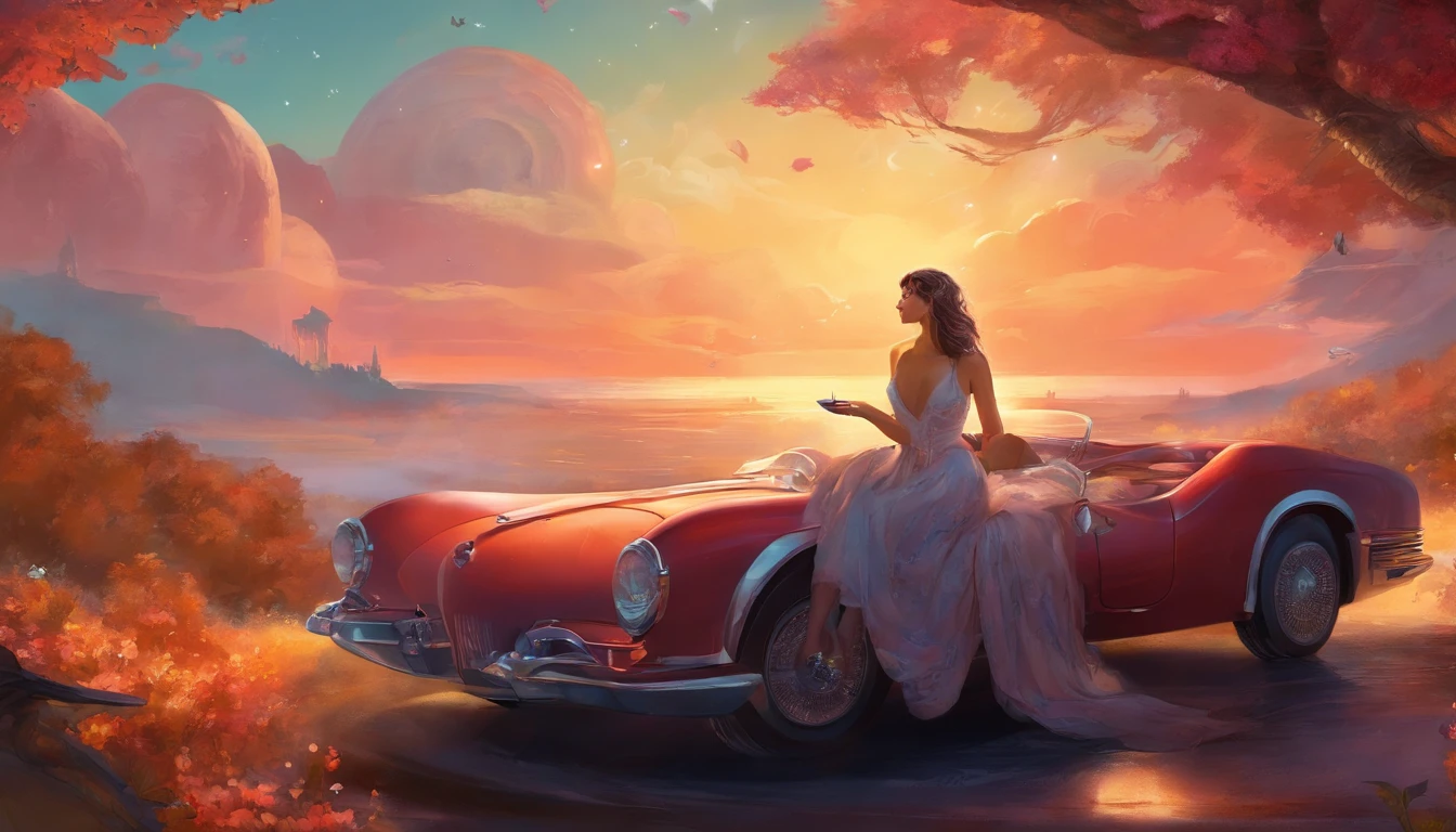 Beautiful wife sitting in a luxury car,drinks tea,Coffee in hand,takes a glass