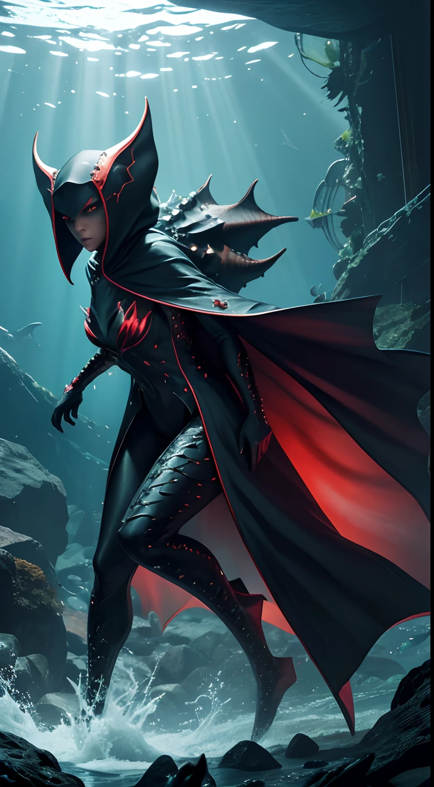 Sea creatures pounce,Woman wearing a stingray cloak、Full body,Animal anthropomorphism, sharp caudal spines,、red eyes、cruel、Realistic Digital, Humanoid、Convoluted, epicd, Dramatic, masutepiece, high detailing, Best Quality, 超A high resolution、Horror movie lighting