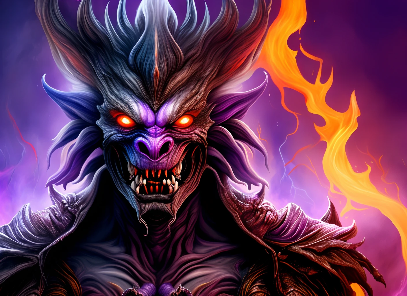 An all-purple humanoid monster, The purple face looks like a person's, Hair purple,and the tips are fiery, two arms ,Each hand has its own type of weapon:swords ,Fire whips,Sabers , The monster is dressed in a black cloak, Two legs, naked sports torso, He has big evil eyes on his face, sharp teeth, blood drains from the teeth and lips,A smirk on his face ,There is one purple horn on the right. The background is fiery,volcanic, HD,  bright colours