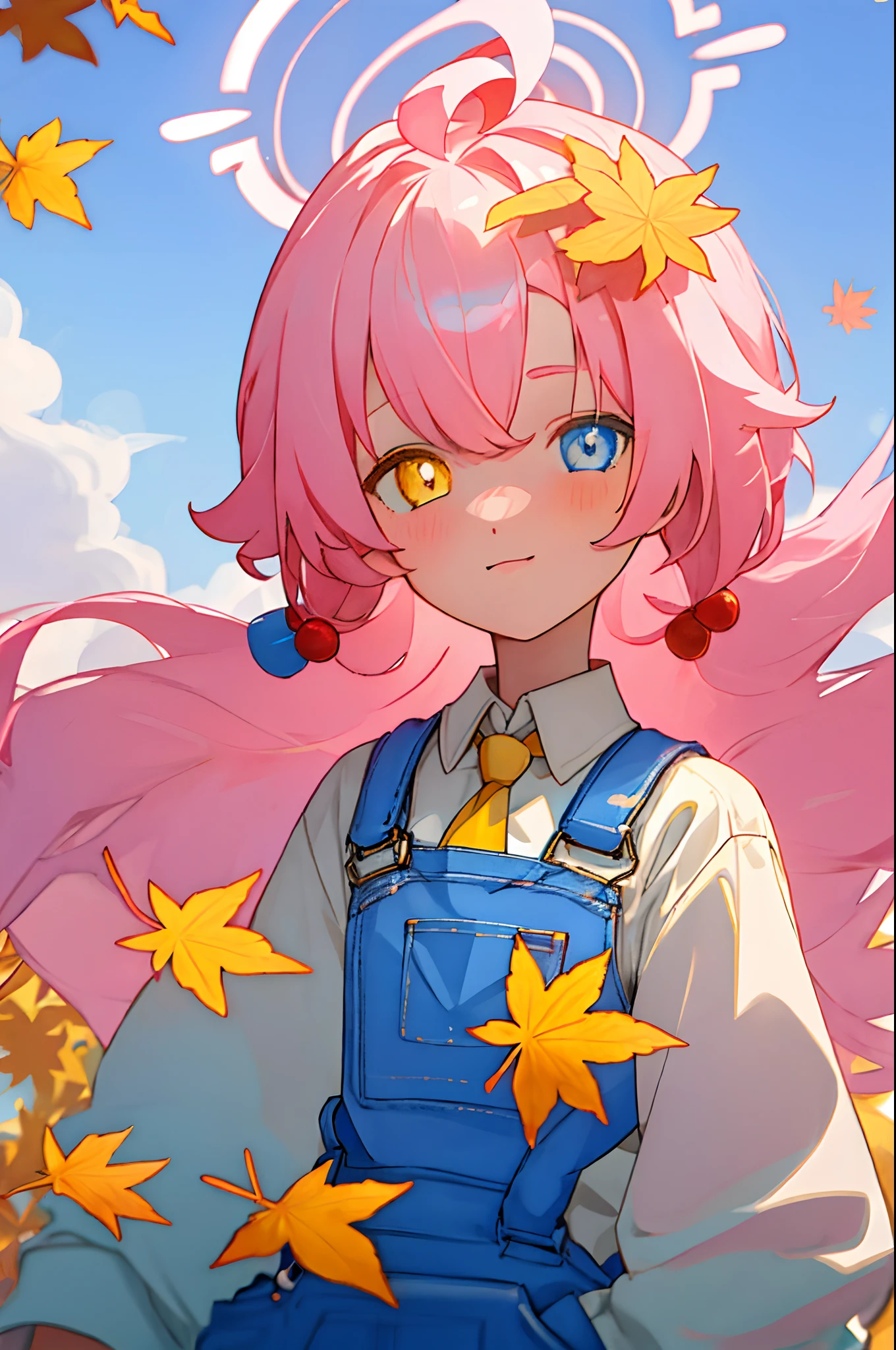 bit girl，Blue and white overalls，adolable，autumnal，a yellow tie，Maple leaves，Heterochromic pupils，Sakura pink hair，angelic halo