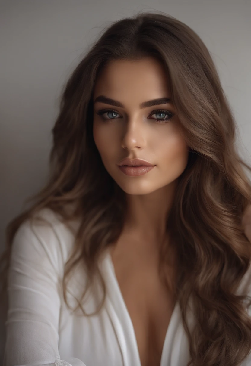 Arafed woman completely , fille sexy aux yeux bruns, ultra realist, Meticulously detailed, Portrait Sophie Mudd, cheveux bruns et grands yeux, selfie of a young woman, Dubai Eyes, Violet Myers, sans maquillage, maquillage naturel, looking straight at camera, Visage avec Artgram, Maquillage subtil, Great photo of the whole body kneeling on the bed, dans la chambre, Medium to large bust
