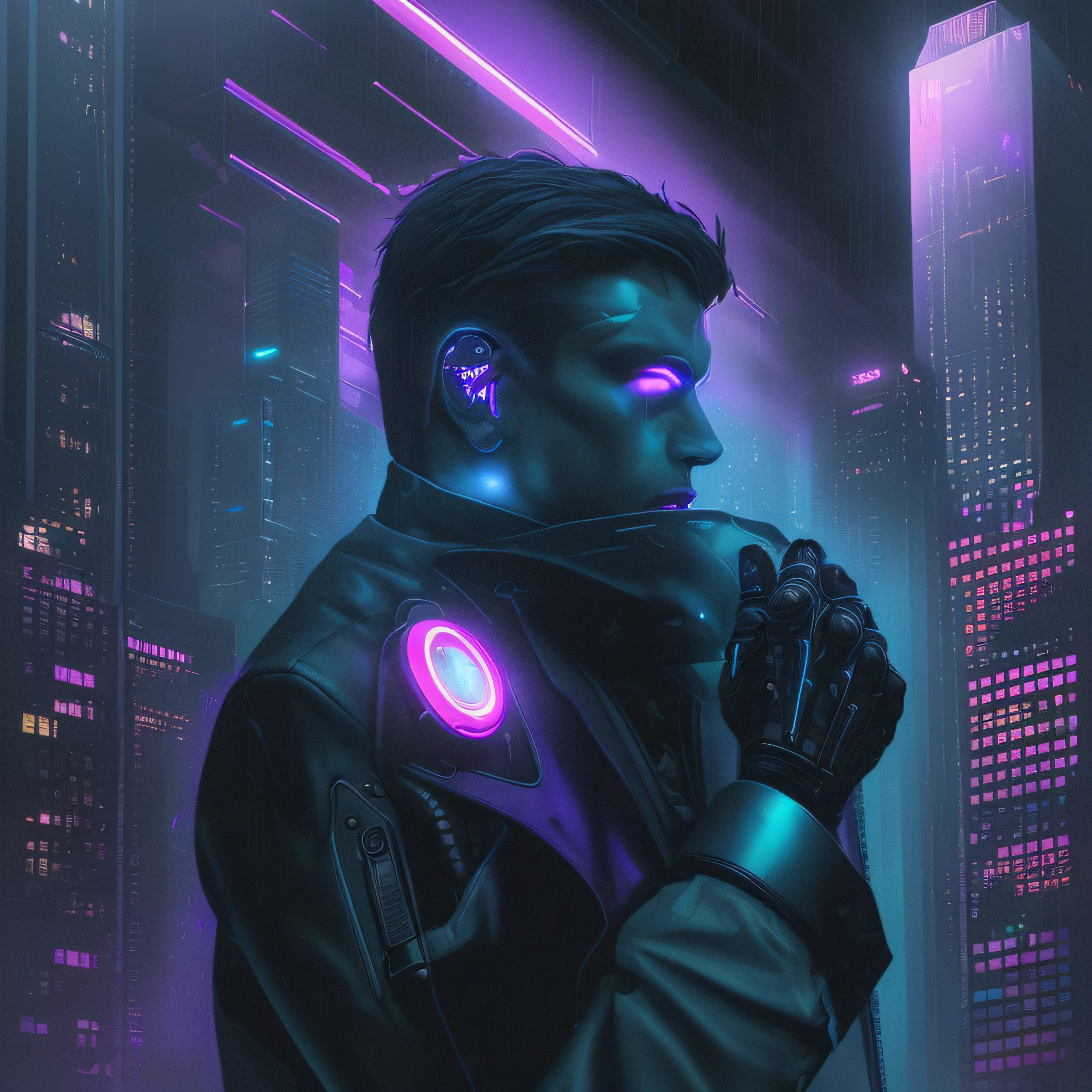 A cyberpunk-themed artwork of a cityscape at nighttime with a man in the foreground. The man is wearing futuristic clothing and has cybernetic enhancements, such as glowing cybernetic eyes and a robotic arm. The cityscape is filled with neon lights, towering skyscrapers, and flying vehicles. The atmosphere is dark and moody, with a hint of rain and fog. The artwork is created using digital illustration techniques, giving it a detailed and high-resolution quality. The colors are predominantly cool, with a mix of blues, purples, and neon accents. The lighting is dramatic, with strong contrasts between the brightly lit areas and the dark shadows.
