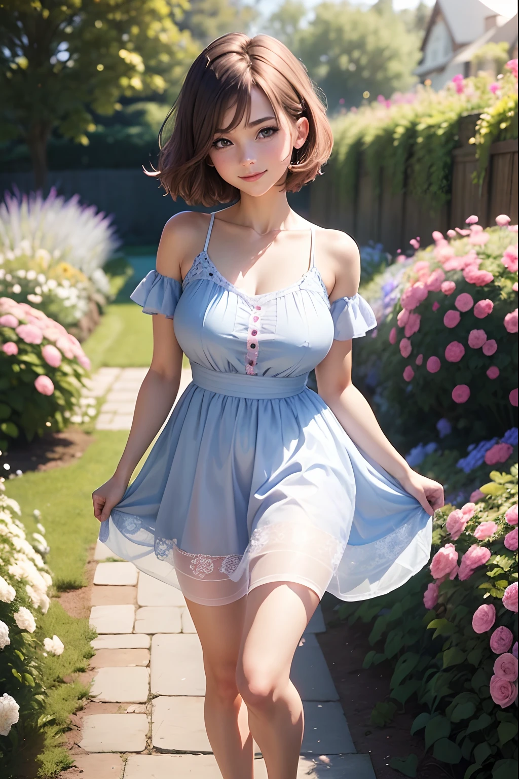 Full portrait photo from top to bottom of an 18 year old girl as pretty as in a fairy tale, wearing a modern, cool short dress, modern short brown hair, blue eyes, pink dress, smiling brightly , big breasts, slim waist, long white legs, standing in a garden full of flowers and grass