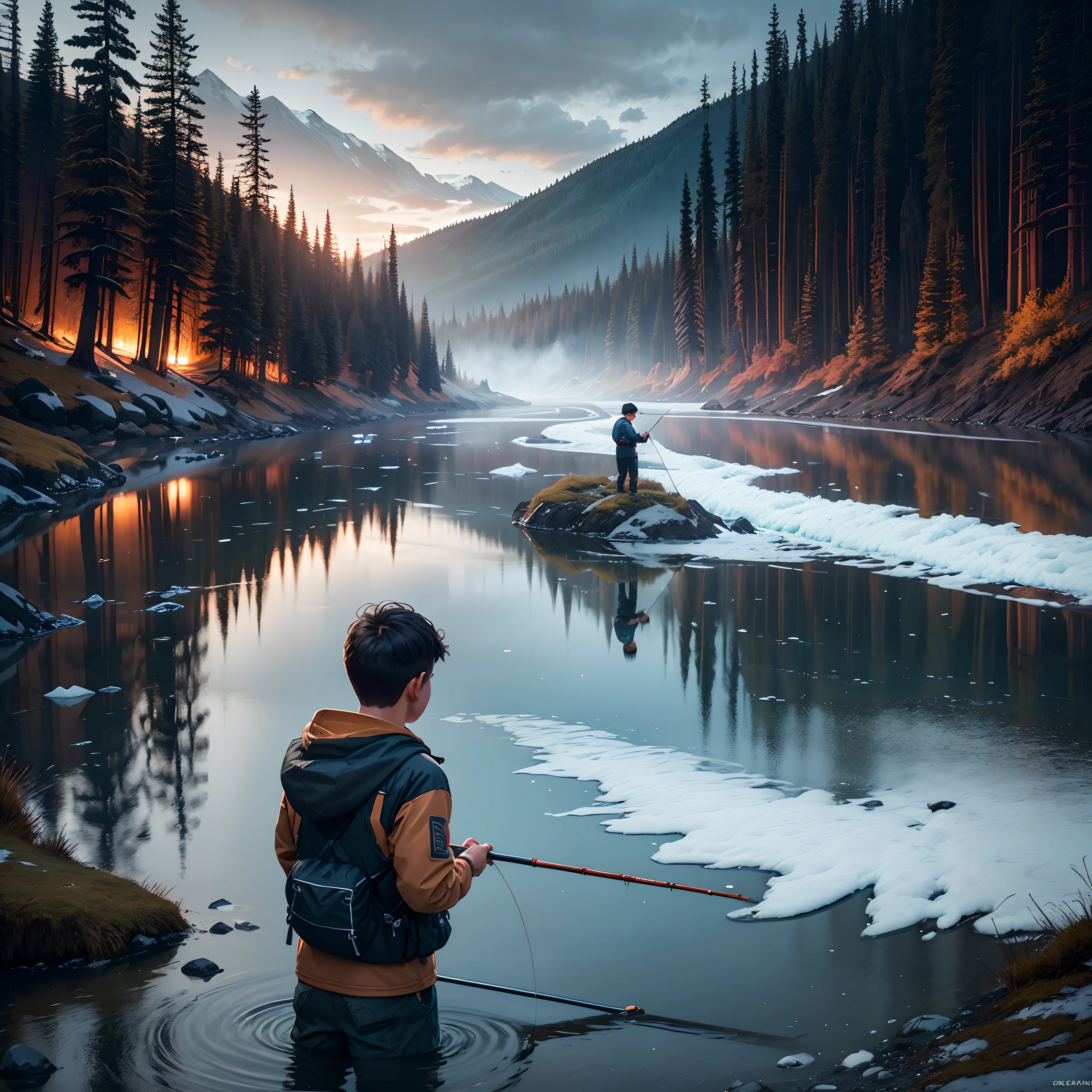 Capture a breathtaking moment in the Alaskan wilderness where a young boy is fishing for salmon by the river. Highlight the dramatic lighting and intense atmosphere, showcasing the boy's determination and the sparkling water reflecting the vibrant colors of the landscape. Ensure a fotorrealistic style and vivid details of the man's fishing equipment, creating a powerful and inspiring image."