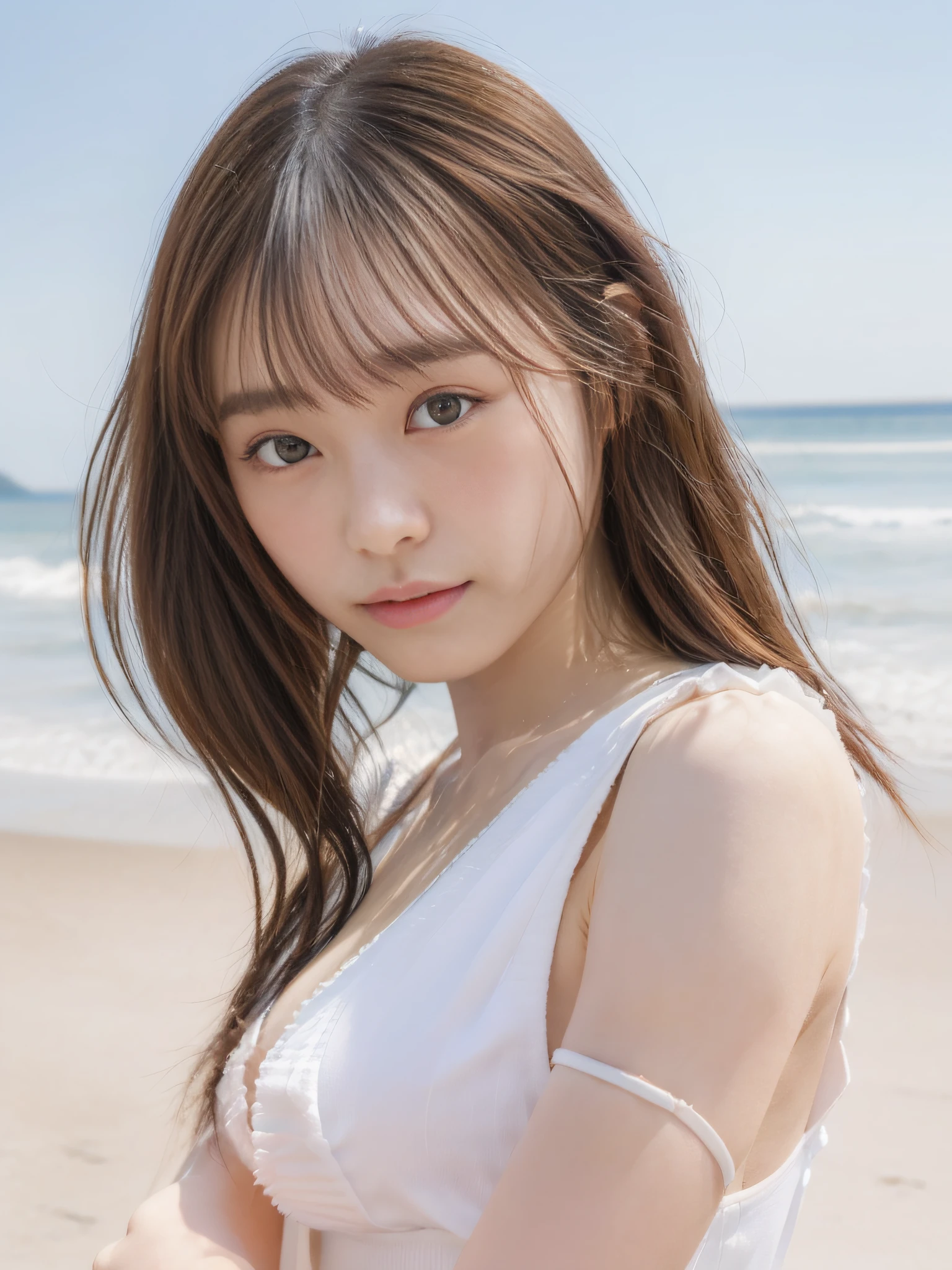 (in 8K、Raw photography、top-quality、​masterpiece)、(realisitic、Photorealsitic)、1girl in、A Japanese Lady、18year old、(swim wears)、((Highly detailed facial and skin texture:1.3)、Detailed lips、(skinny  body:1.3)、(thin arm:1.3)、(A detailed eye、Sareme)、(shinny skin)、((light brown hair))、(natural soft light)、(the morning sun)、(poneyTail、Long bangs)、(beach)、