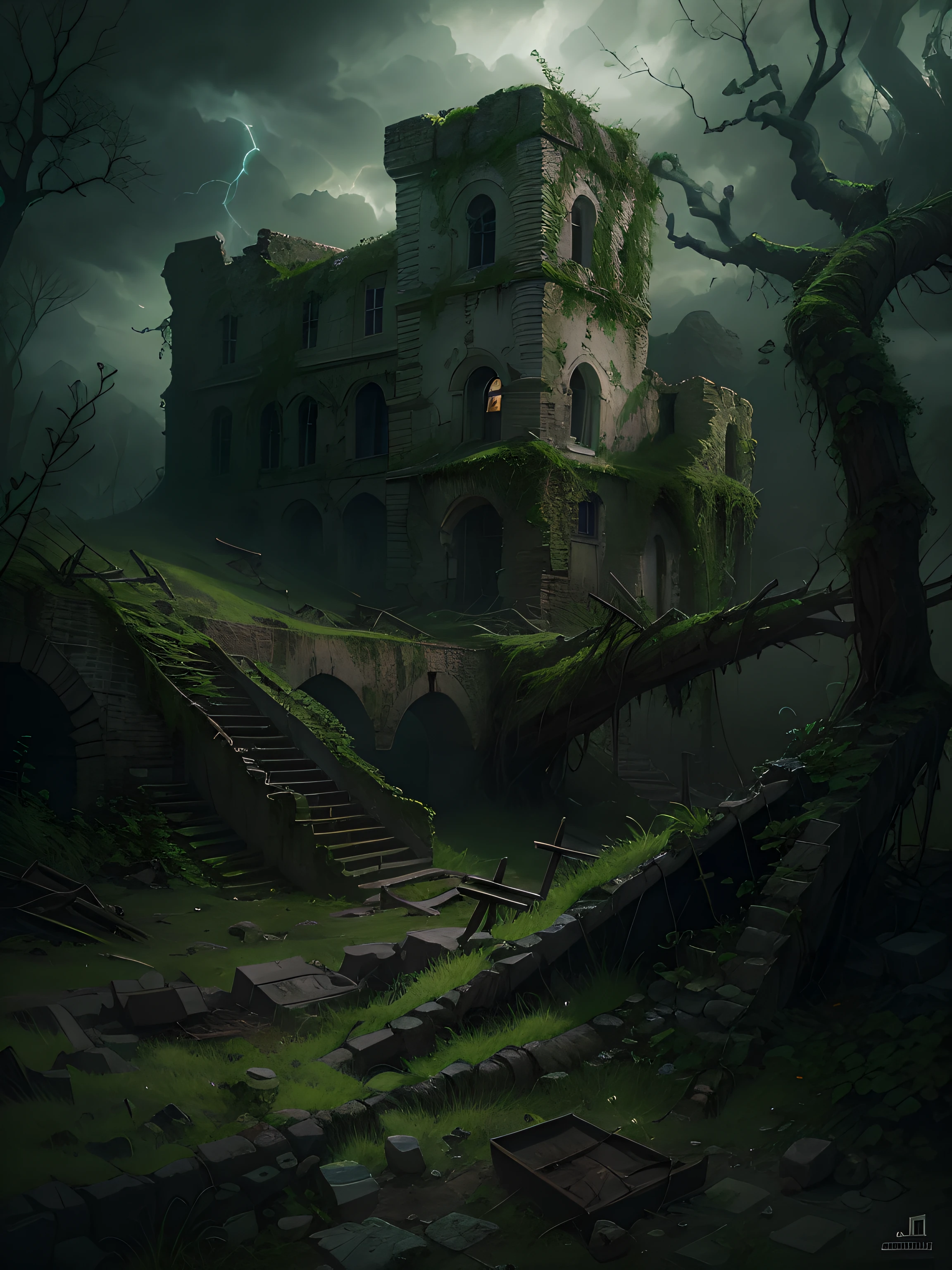 In the middle of a stormy night, on top of a steep cliff, the ruins of a dark and majestic castle stand as a haunting reminder of a bygone era. Its crumbling walls and broken windows reveal a tragic history lost in time. Nature has begun to reclaim the abandoned fortress, with ivy-covered towers and trees growing within its walls. Abandoned, desolate, stormy, tragic, ancient, worn out, eerie, highly detailed, sharp focus, haunting, somber, atmospheric. Art by Zoltan Boros, Gabor Szikszai and Clint Cearley. Dark and atmospheric illustrations, post-apocalyptic landscapes. Highly detailed digital painting, sharp focus, matte finish, dark and gloomy lighting.