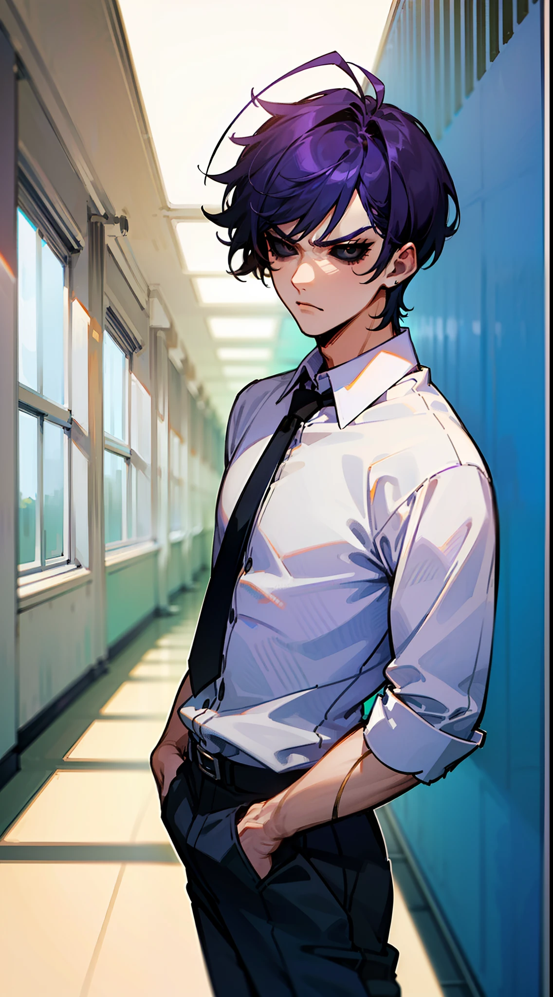 (Masterpiece, Best Quality),(1boy,male character,male face,male body),tall,(black eyes,black sclera),purple hair,short hair,(hair 2antennas),white shirt,black tie,black pants,((standing in a school hallway)),cowboy shot,serious face,