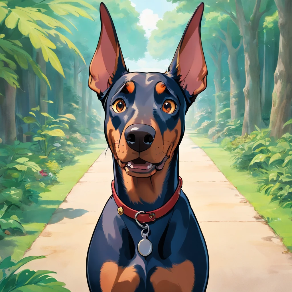 A doberman looking into the camera with a look of surprise and confusion, Looking with his head turned sideways, num lindo jardim