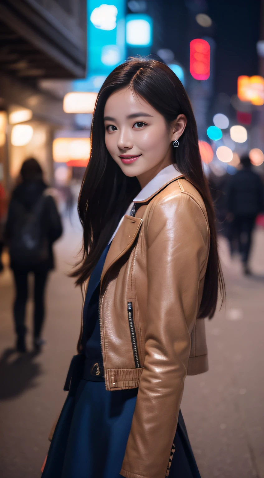 tmasterpiece， best qualtiy， 8K， Super detailed skin， perfect anatomia， 1girll， Skirts and jackets，ssmile， （the city that never sleeps, Xi'an Tang City：1.3）， （depth of fields），（The lens glows） ，Sony 7， 35mm， F1.8， physically-based renderingt，