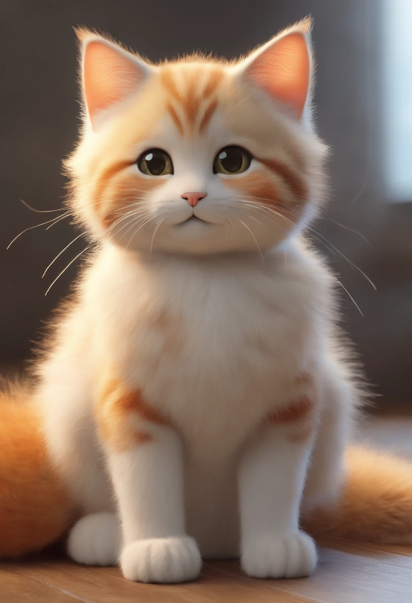 (Best quality,4K,8K,A high resolution,Masterpiece:1.2),Ultra-detailed,(Realistic,Photorealistic,photo-realistic:1.37),A cute little cat trembled slightly,Soft fur texture,Delicate paw pads,Expressive eyes,Cute twitchy beard,Hints of vulnerability,Gently wagging tail,playful pose,Art cat illustration,Subtle color palette,Natural lighting