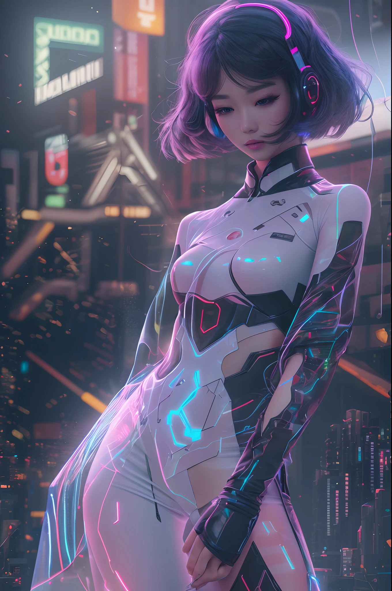 Digital girl, part hologram, (best quality,4k,8k,highres,masterpiece:1.2),ultra-detailed,(realistic,photorealistic,photo-realistic:1.37), vivid colors, bokeh, 3D rendering, interactive art, futuristic landscape, glowing circuit patterns, cyberpunk aesthetic, vibrant neon lights, pixelated effects, glowing particles, motion blur, glitch effects, high-tech fashion, holographic makeup, reflective surfaces, dynamic posing, sleek and modern design, immersive virtual reality environment. sexy, Cheongsam