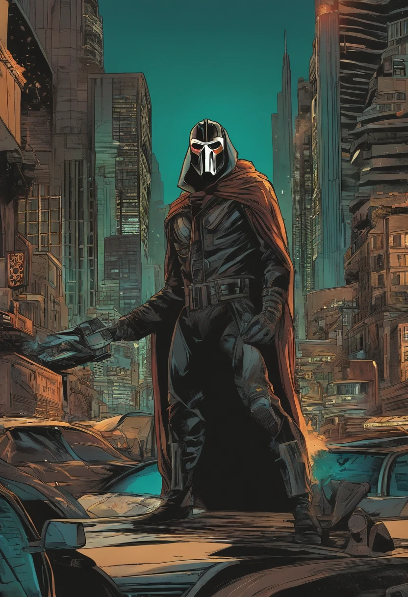 MF DOOM masked man, comic book villian. destruction city, dystopia