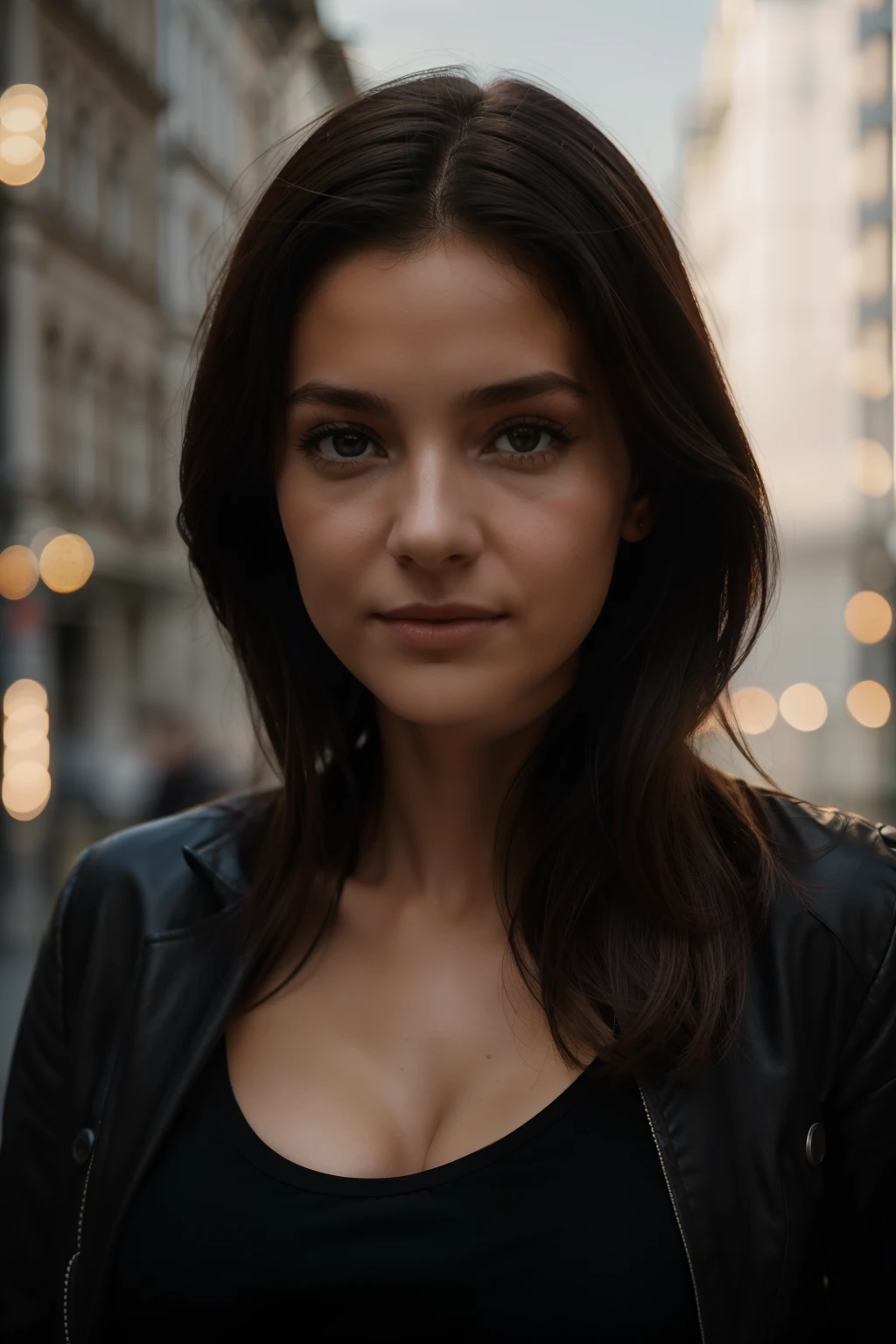 Photo of a beautiful girl, in der Stadt, Trage ein schwarzes Oberteil, genießend, Tochter, Sommer, Hot Girl, (((sehr schwere Oberweite))), braunes Haar, lang_Haar, Blick in die Kamera, symmetrisches Gesicht, fotoreallistisch, Fotografie, spectacular lighting,, magnificent, Spaltung, westlich, (Masterpice), best quality, high resolution, Extrem detailliert, Haut mit Poren, verschwommener Hintergrund, depth of fields, Beleuchtung filmisch