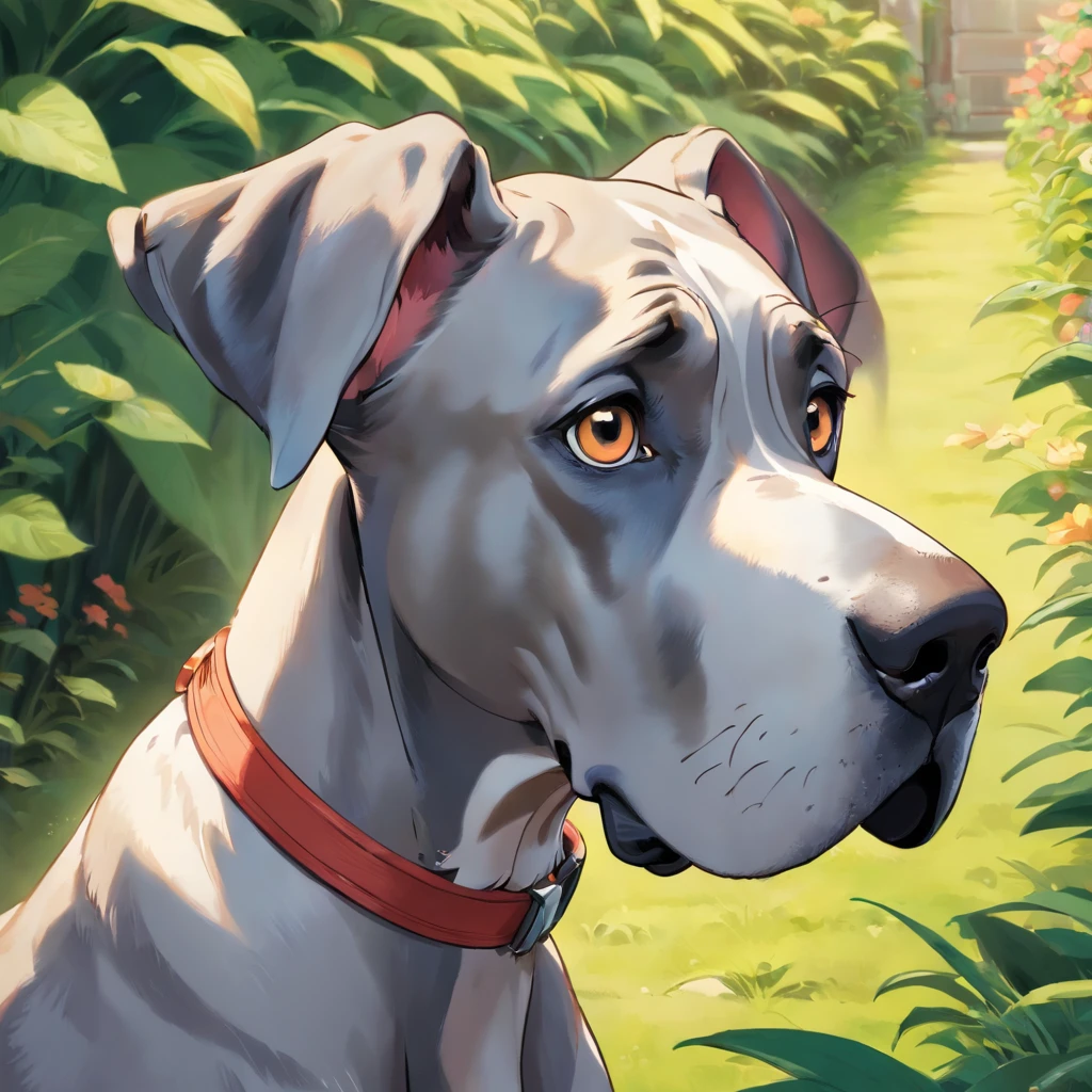 A great dane looking into the camera with a look of surprise and confusion, Looking with his head turned sideways, num lindo jardim