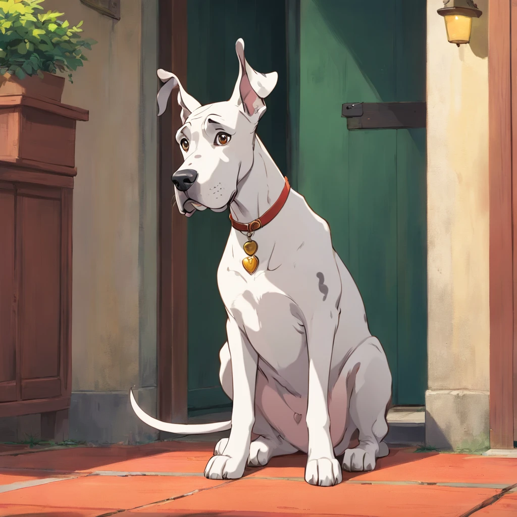 A great dane looking into the camera with a look of surprise and confusion, Looking with his head turned sideways, num lindo jardim