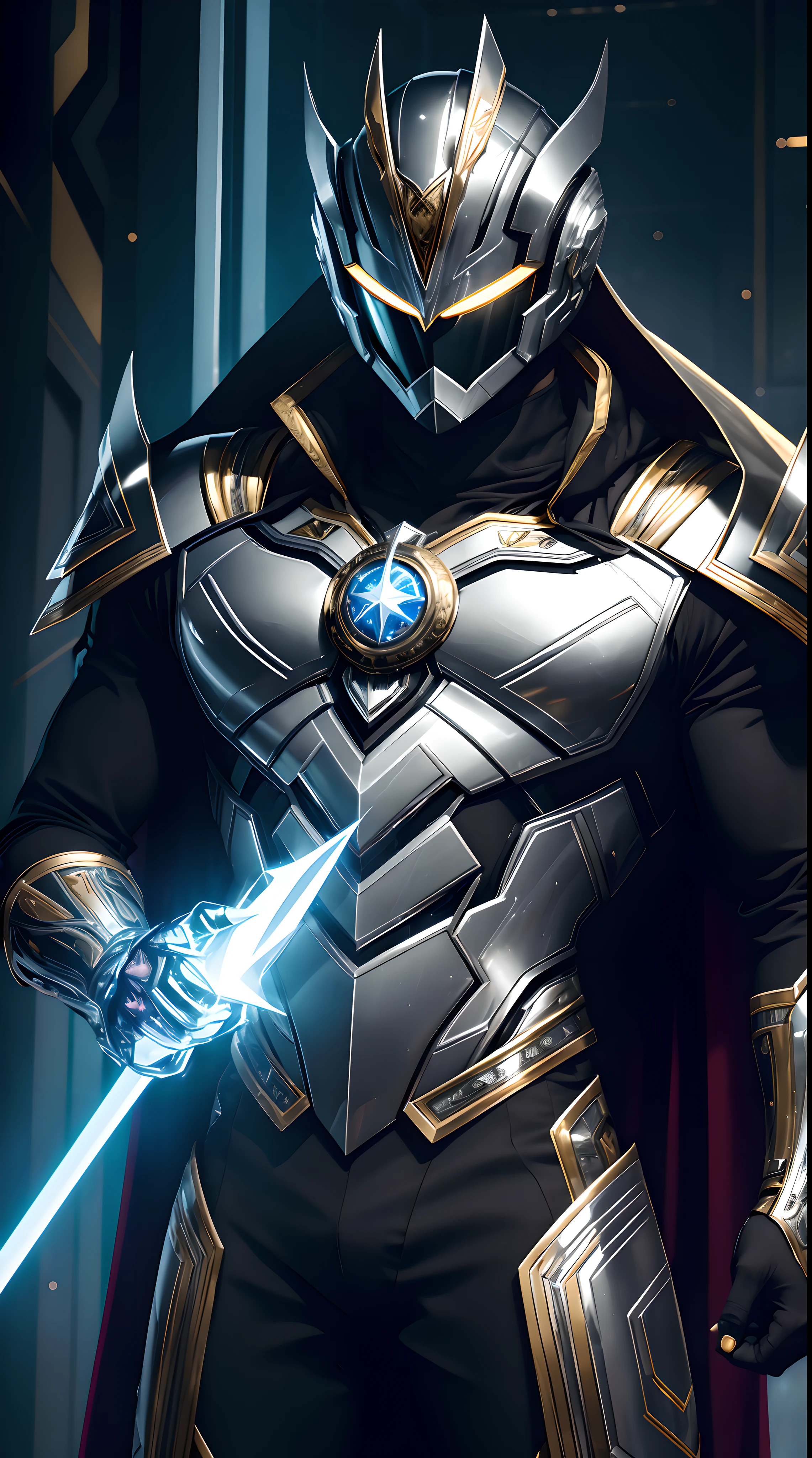 A Super Villain who wears chrome armor that shines with shades of silver and gold, adorned with intricate details that evoke a futuristic aesthetic. His helmet has a visor that hides his face, casting an aura of mystery. On his chest, a clock-shaped emblem represents his dominance over time. He wields a technological scepter that radiates temporal energy, adding an imminent threat to his presence. His erect, confident posture reflects his determination to achieve temporal supremacy.