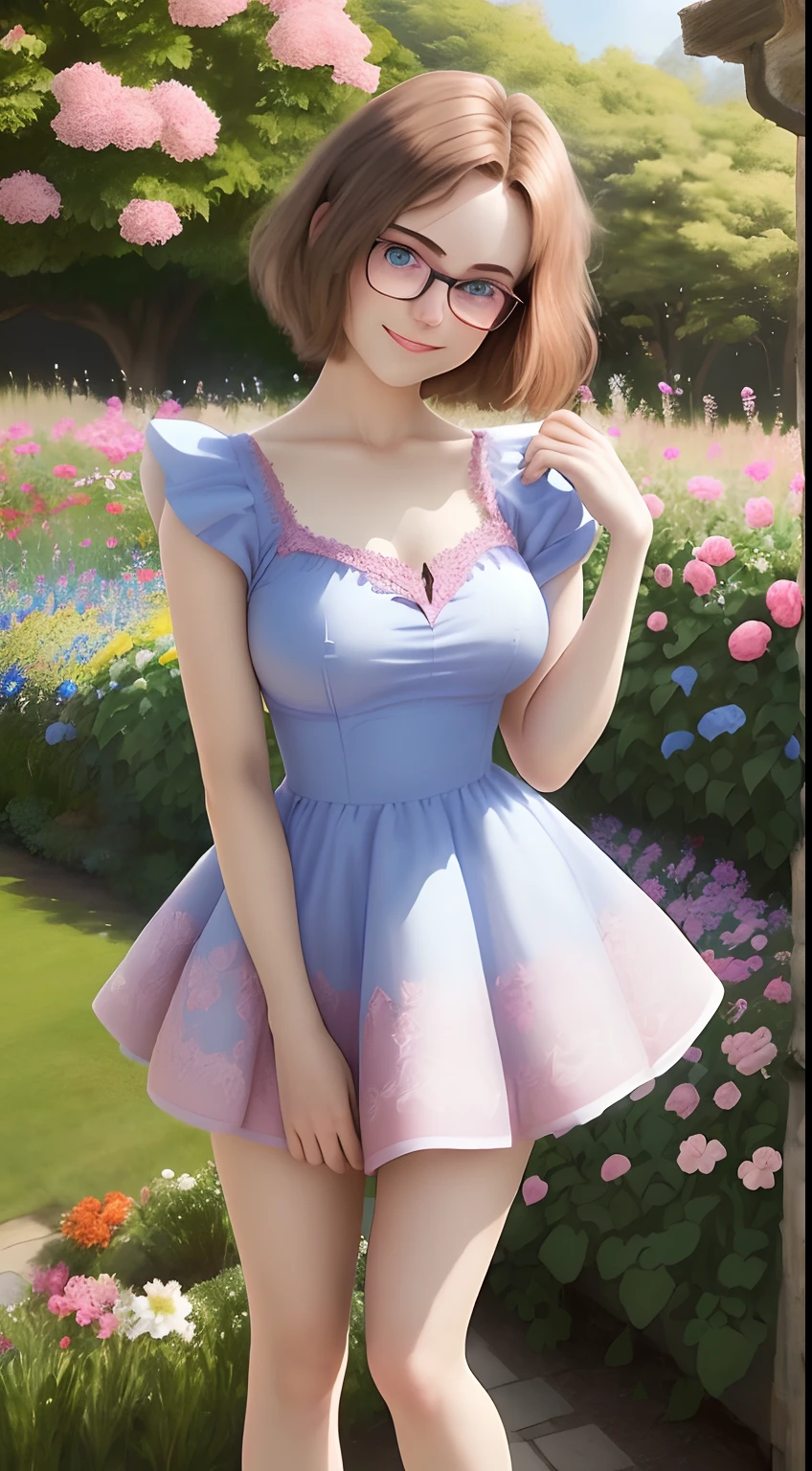 Full portrait photo from top to bottom of an 18 year old girl as pretty as in a fairy tale, wearing a modern, cool short dress, modern short brown hair, blue eyes, pink dress, smiling brightly , wearing fashionable glasses, big breasts, slim waist, long white legs, standing in a garden full of flowers and grass