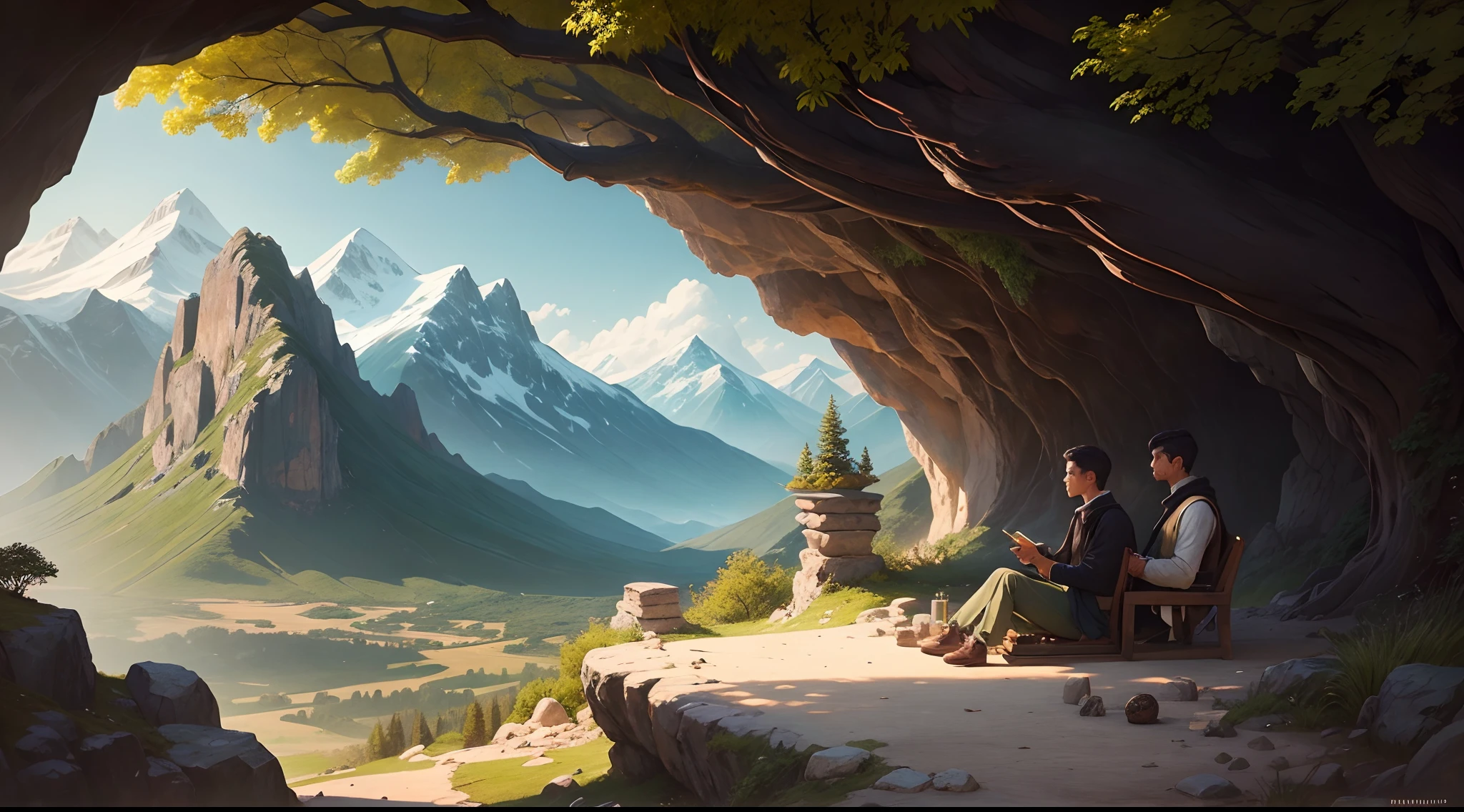 A serene mountain landscape with a cave at the summit and young boy and an old philosopher sitting infront in conversation under a big tree,symbolizing their philosophical journey.focus on both face straight with learning mode,oil painting
