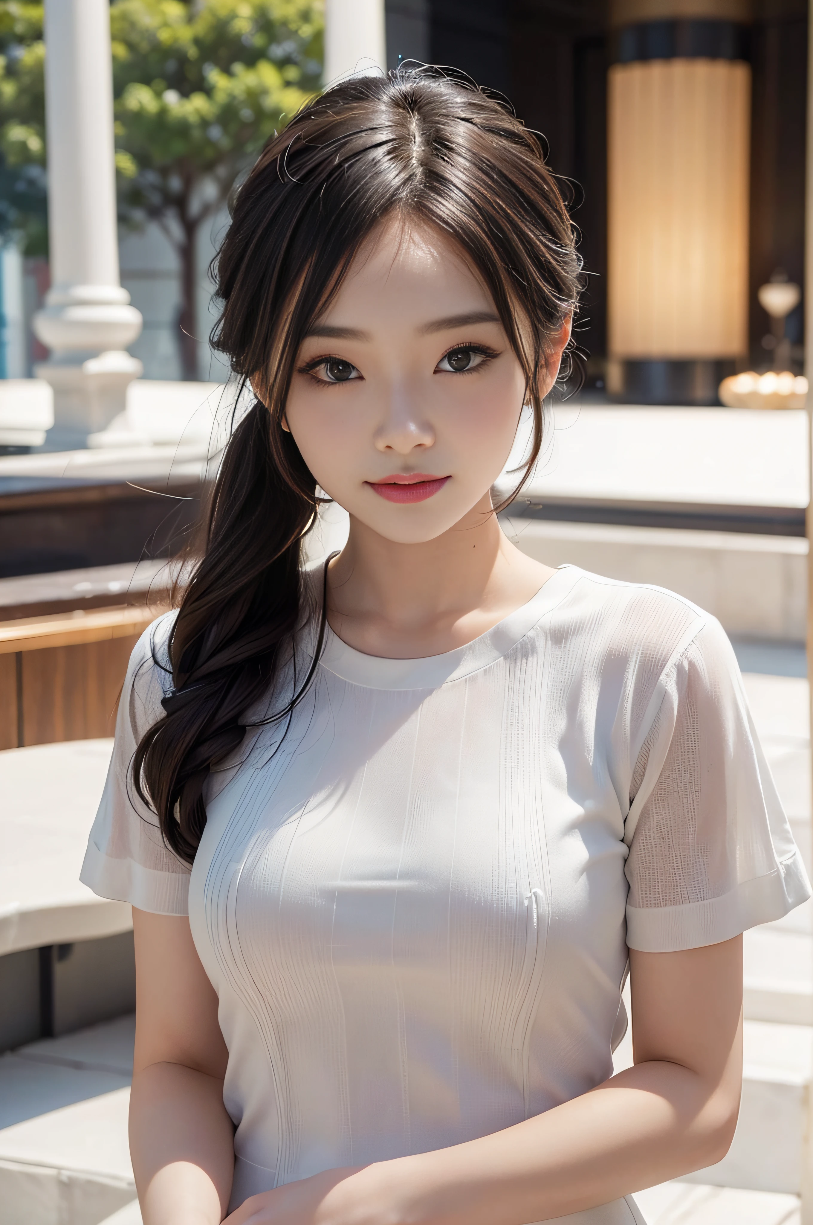 masterpiece、Top image quality:1.2、((beautiful young woman with))、Transparent skin:1.2、{A slight smil}、(kawaii)、Transparent short sleeve knit:1.2、luxury hotel、depth of fields、Sharp Focus:1.5、Fine details