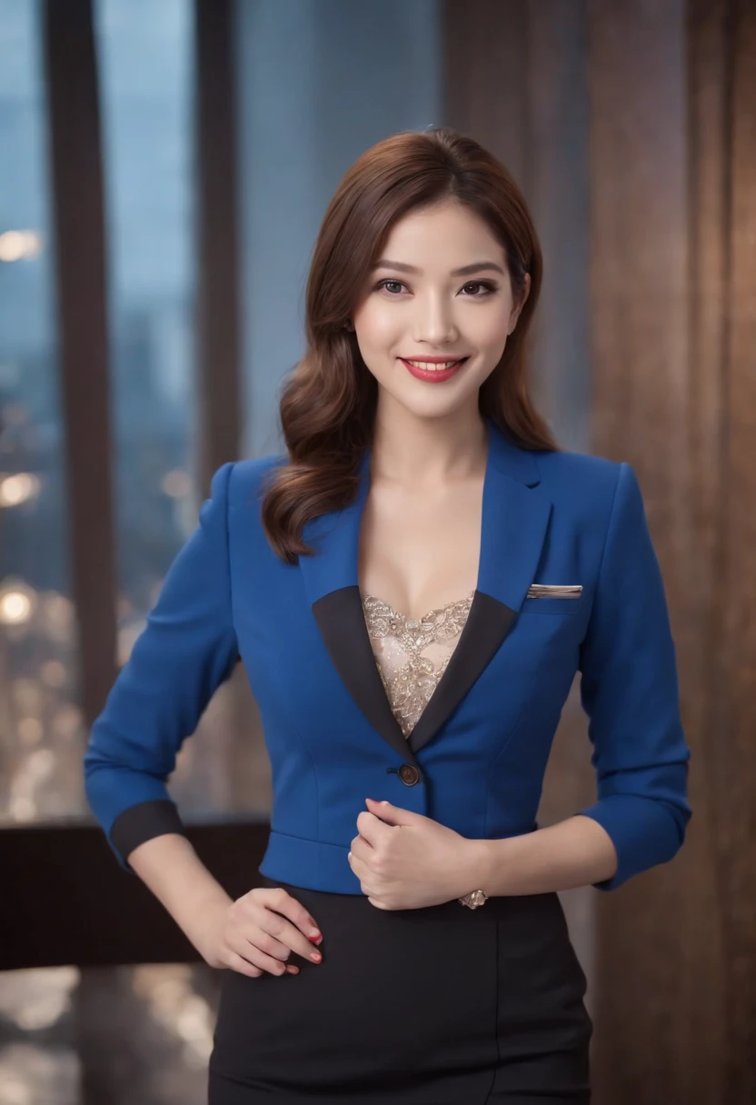 beautiful, 1female, female announcer, blue suit. tight skirt, black pantyhose,tv show background, smile, full body
