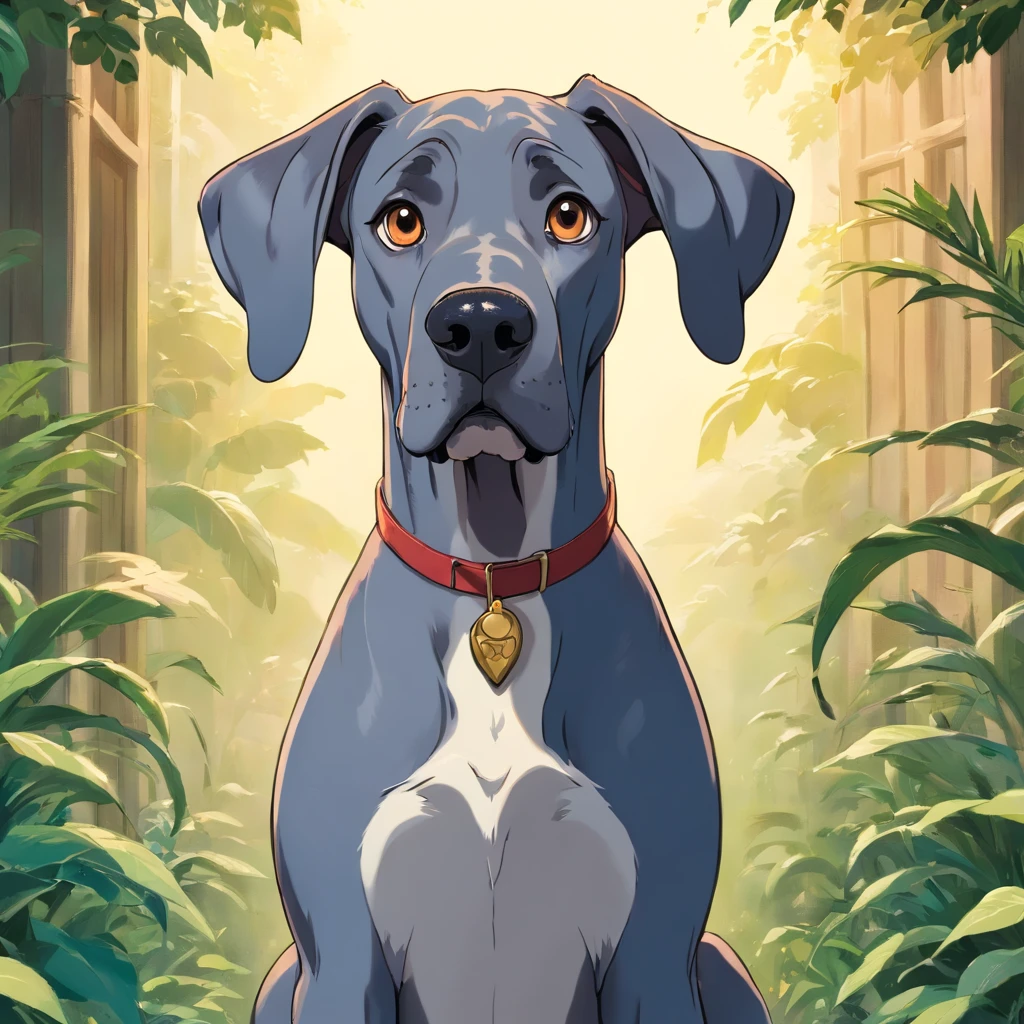 A great dane looking into the camera with a look of surprise and confusion, Looking with his head turned sideways, num lindo jardim