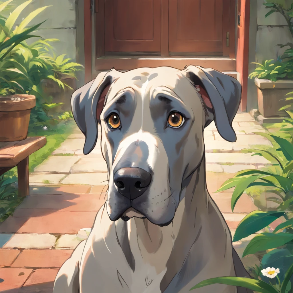A great dane looking into the camera with a look of surprise and confusion, Looking with his head turned sideways, num lindo jardim