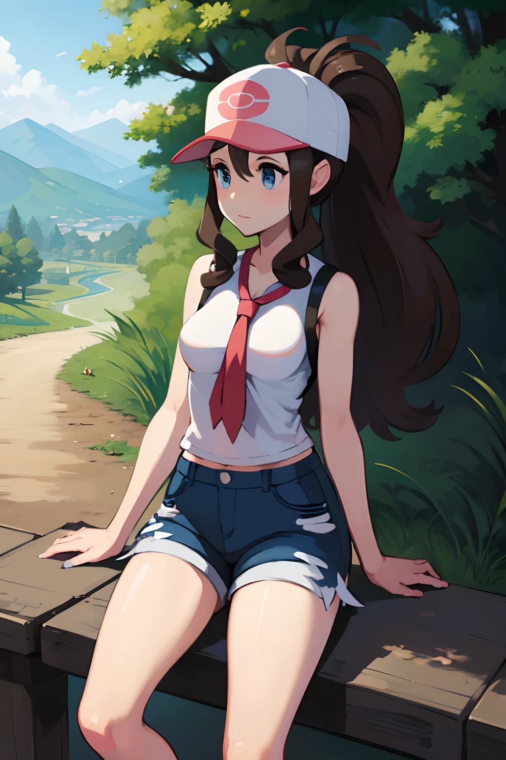 1girl in、hight resolution、​masterpiece、hilda \(A pokémon\)、Hats、poneyTail、shorts、white  shirt、skinny thigh、plein air
