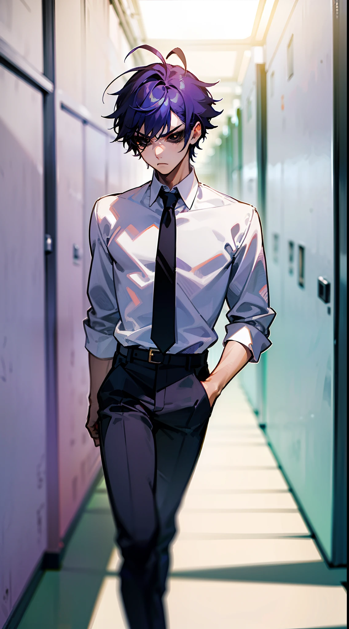 (Masterpiece, Best Quality),(1boy,male character,male face,male body),tall,(black eyes,black sclera),purple hair,short hair,(hair 2antennas),white shirt,black tie,black pants,((standing in a school hallway)),cowboy shot,serious face,