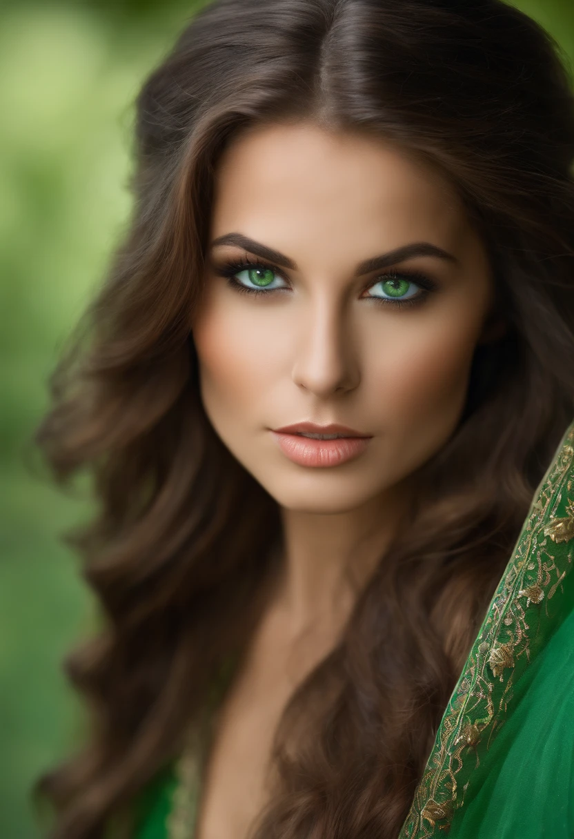 beautiful woman with long brown hair and green eyes