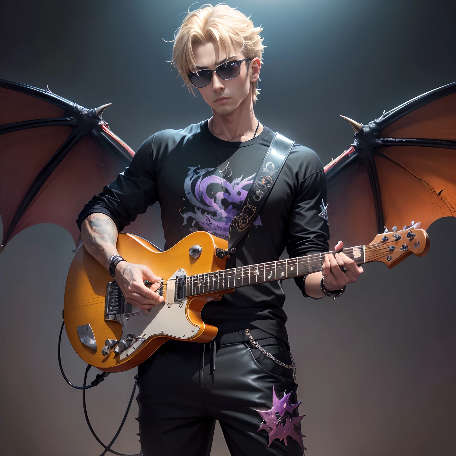 (masterpiece, best quality, high quality, highres:1.4), detailed, extremely detailed, ambient soft lighting, 4K, by (by Pino Daeni, (by ruaidri), yupa, kiyosan,(by meesh), (by fffffolder)), delga: (slim, athletic, dragon, yellow body, smooth skin, athletic muscle, anthro legs, (dragon feet), (toe claw), purple eyes, blonde spikes, (detailed eyes), dragon horn, dragon tail, two wings, dragon wings, wings on back, star shaped glasses, sunglasses, electric guitar, evil, evil, evil, evil, fire , red, chaos, (clothing, (topwear: Rockstar, black shirt), handwear:(none), bottomwear:(pants:black, [[leg armor]]))), handsome, closed_mouth, ((serious_look, serious)) tag:1boy), standing, performing, playing electric guitar, portrait