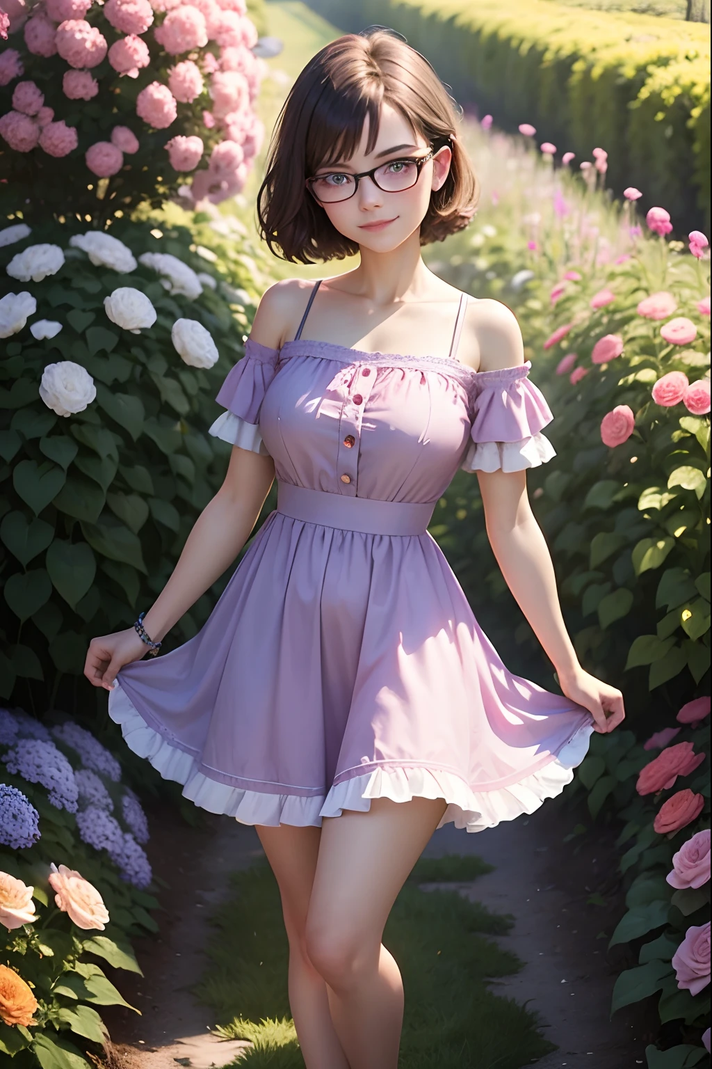 Full portrait photo from top to bottom of an 18 year old girl as pretty as in a fairy tale, wearing a modern, cool short dress, modern short brown hair, blue eyes, pink dress, smiling brightly , wearing fashionable glasses, big breasts, slim waist, long white legs, standing in a garden full of flowers and grass