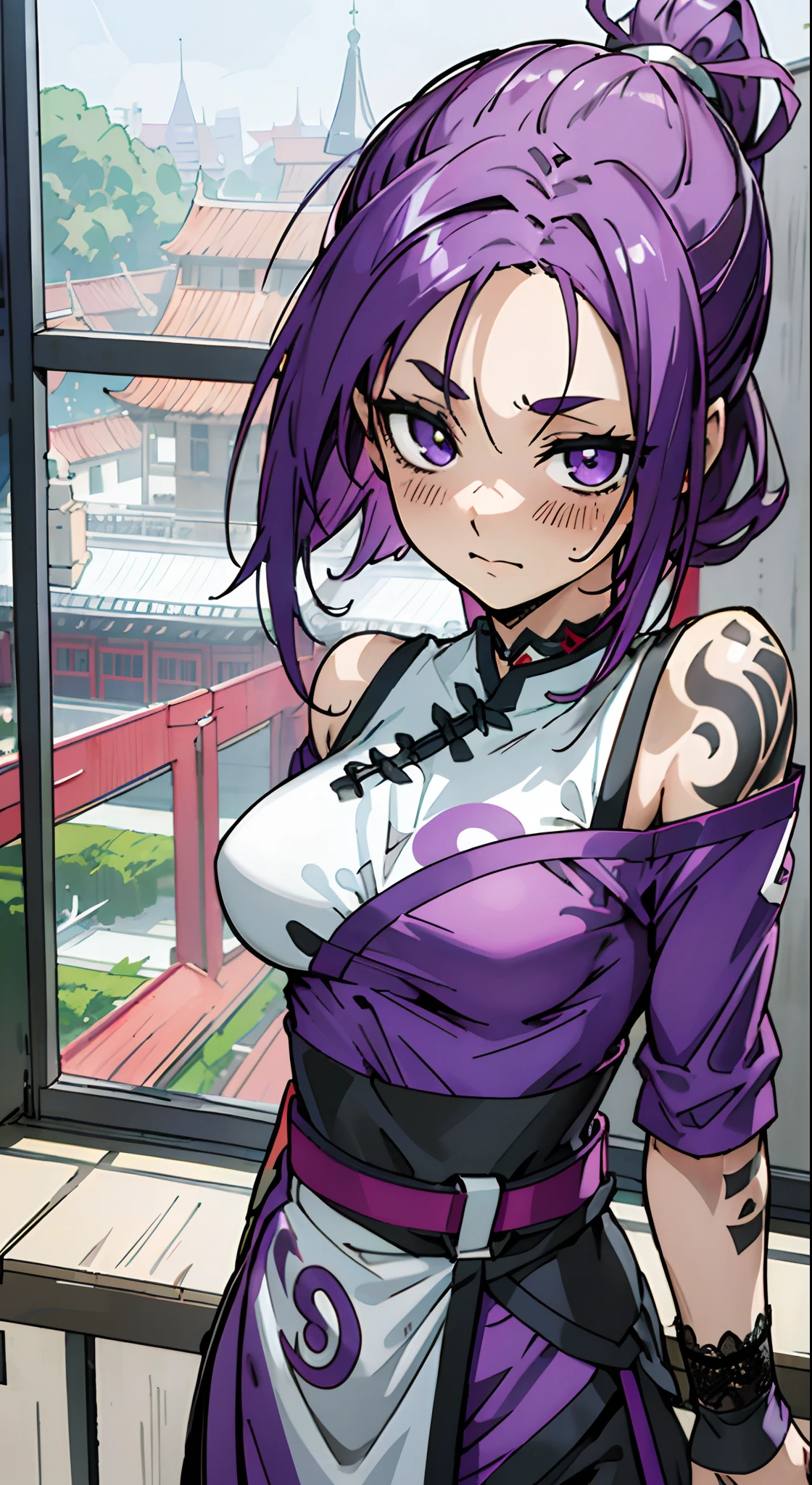 Masterpiece, Best quality, Ultra-detailed, Off-the-shoulder attire, Colorful,take up close, Hyper-detailing,purple color hair, Ultra-realistic hair quality, Vibrant colors, cute Women, Beautiful long hair, ponytail, side-ponytail, Shiny hair, detailed hairs, reo mikage, bluelock, no sleeves, camisole and cheongsam, chinese clothes, chest exposure, lace underwear, the kinky is exposed, choker, black choker, arm warmers, relative area, a belt, sexy breasts, tattoo, arm tattoo, dragon tattoo, wrist tattoo, hand tattoo, big breasts, red blush, 1girl, Solo, sharpy face, heterochromia, green eyes, purple eyes, Bare neck, happiness face, rays of sunshine, brautiful sky, shining sky, Shanghai Village, castle