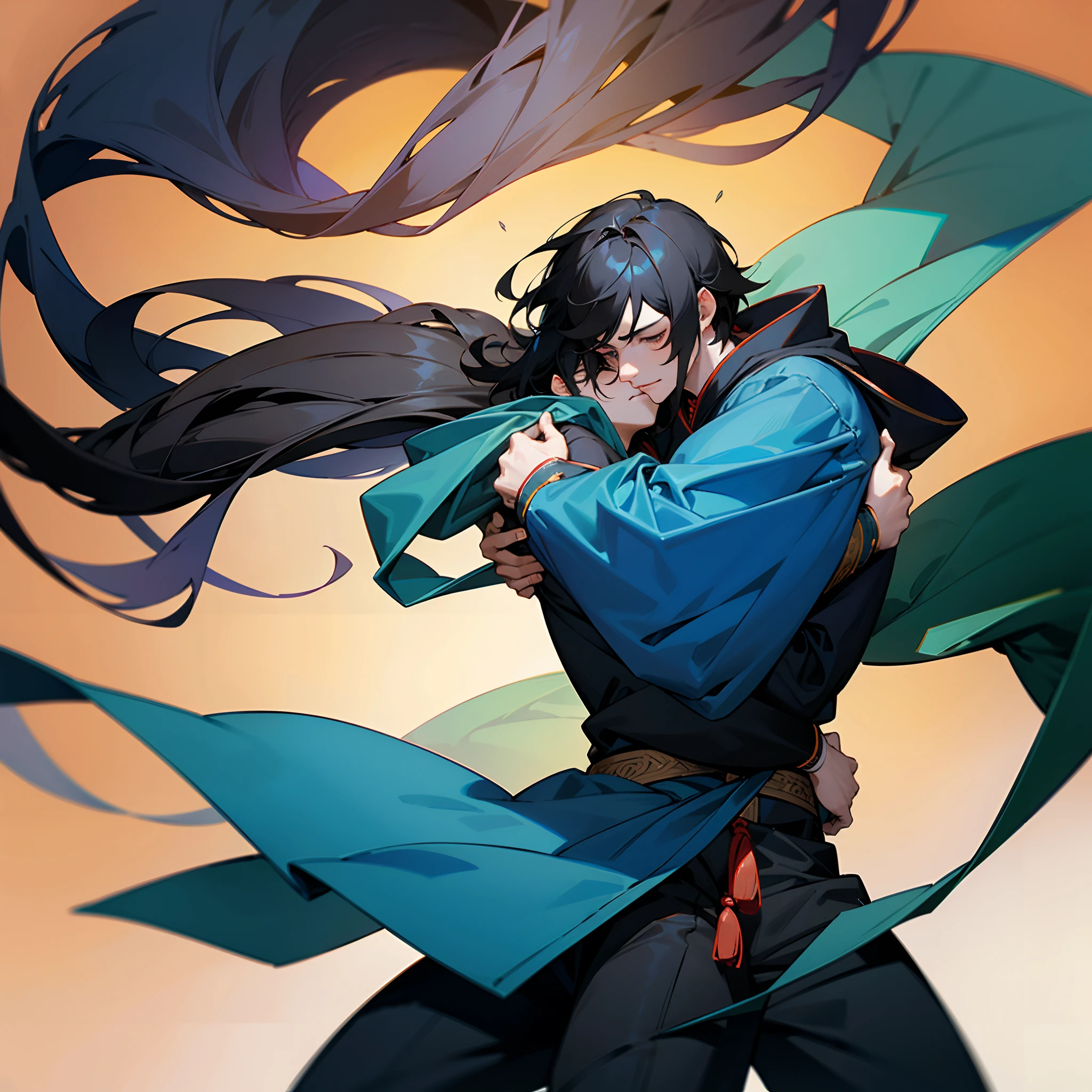 (tmasterpiece,best qualtiy),1 strong adult man with short black hair wearing a blue long-sleeved hoodie and black sweatpants,embrace,1 long-haired scholar with black hair dressed in a pale ancient Chinese costume,(handsome),Handsome guy,{No background},Sagging clothes,The two hugged,chinoiserie,fondling,The two hugged each other head-on,happy,like,Adult men