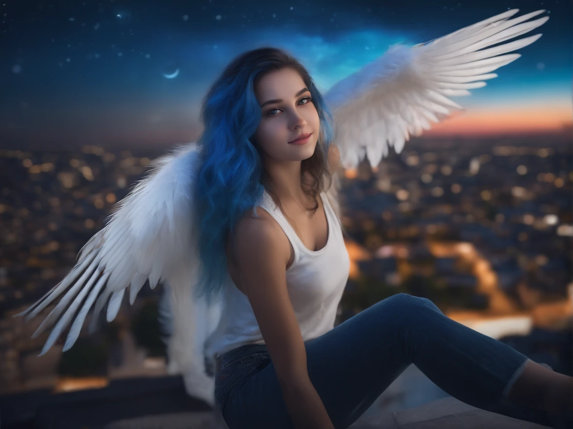 "Image quality: 8K (Best quality scales: 1.2), Artistic style: Realistic, Realistic factor: 1.37, Clarity: hyper HD, subject:1 girl flying over stunning cityscapes ,Hoodie,Blue hair, neon color shooting stars, Very long hair, cropped shoulders, feathers hair ornament, Neon colors, twinkle, stunning night sky, girl (16 yearble features: Pleasant smile, Closed mouth, Exquisite details, Cute nose, composition: full bodyesbian, damp hair, context: In the huge Dalsefo,, Attire: Snow white T-shirt, The wings of the angel are very detailed