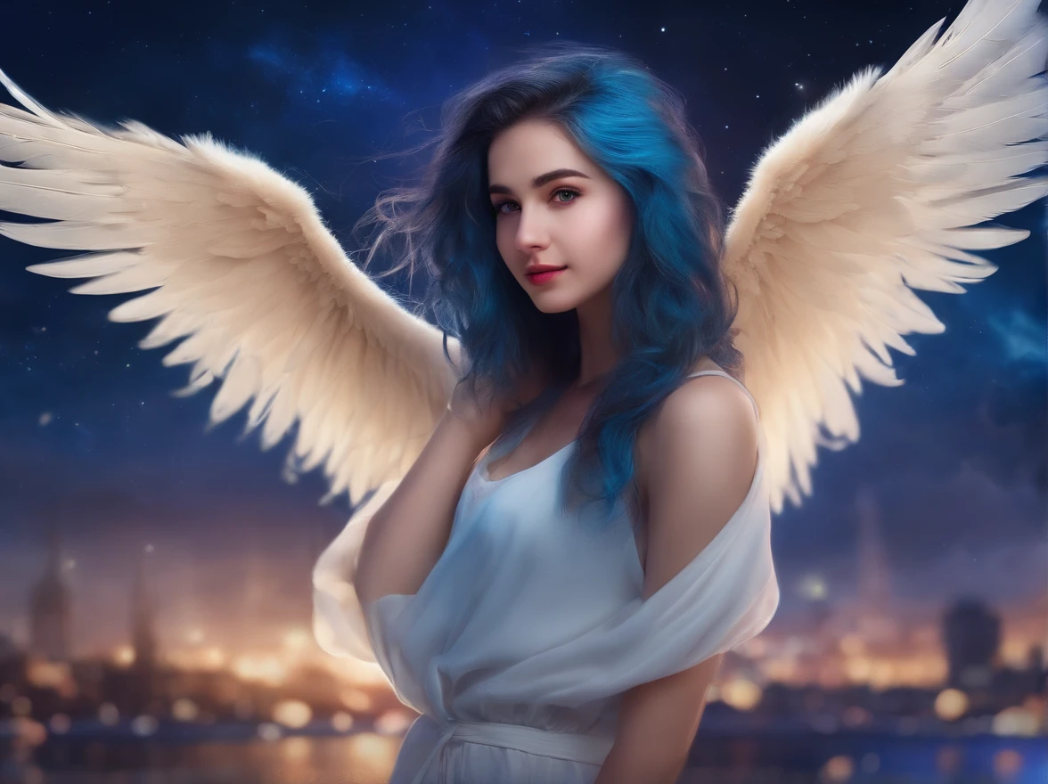 "Image quality: 8K (Best quality scales: 1.2), Artistic style: Realistic, Realistic factor: 1.37, Clarity: hyper HD, subject:1 girl flying over stunning cityscapes ,Hoodie,Blue hair, neon color shooting stars, Very long hair, cropped shoulders, feathers hair ornament, Neon colors, twinkle, stunning night sky,  girl (16 yearble features: Pleasant smile, Closed mouth, Exquisite details, Cute nose, composition: full bodyesbian, damp hair, context: In the huge Dalsefo,, Attire: Snow white T-shirt, The wings of the angel are very detailed