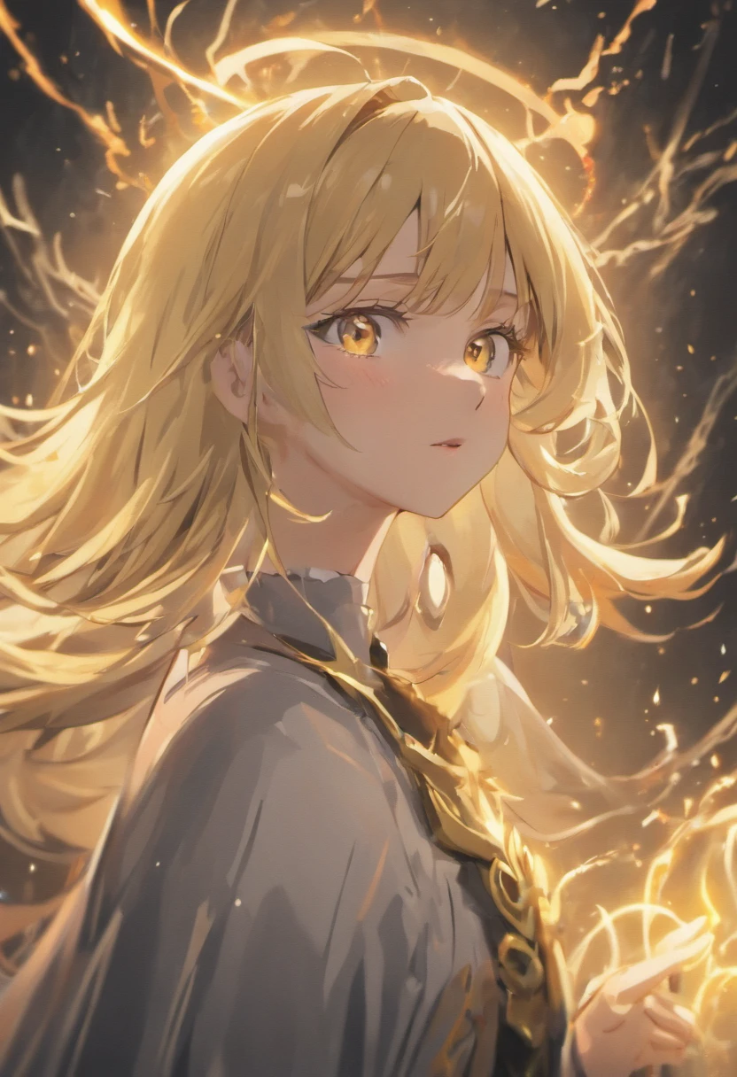(best quality,4k,8k,highres,masterpiece:1.2),ultra-detailed,(realistic,photorealistic,photo-realistic:1.37),portrait:1.1, illustration, 1 mage:(eyes:1.1,nose:1.1,lips:1.1,beautiful detailed eyes, beautiful detailed lips, extremely detailed eyes and face,long eyelashes),young woman female magician, brutal face, long blonde hair with golden eyes,light ,unstable anomaly ,golden and black colors,dark lightning,depth of field