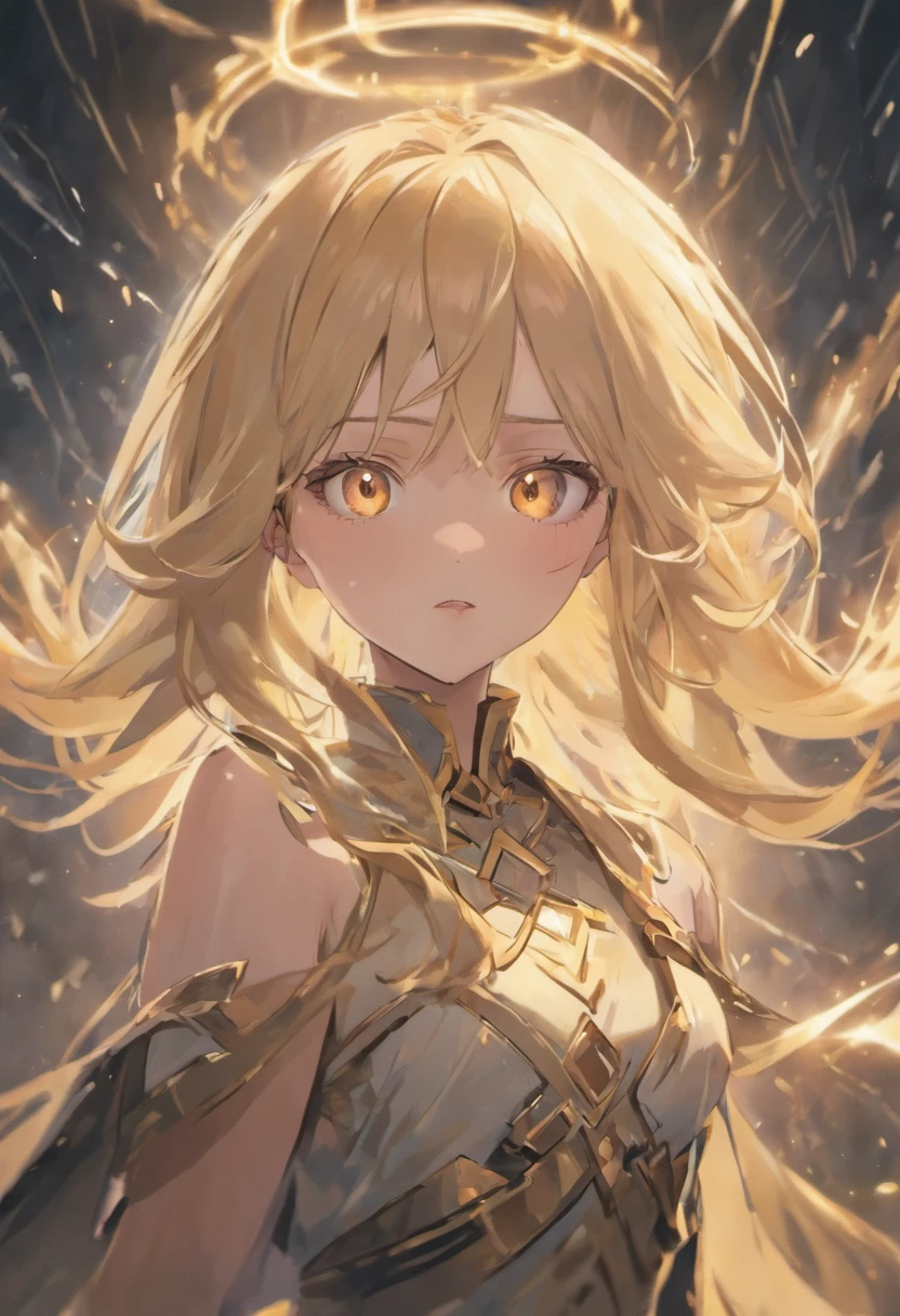 (best quality,4k,8k,highres,masterpiece:1.2),ultra-detailed,(realistic,photorealistic,photo-realistic:1.37),portrait:1.1, illustration, 1 mage:(eyes:1.1,nose:1.1,lips:1.1,beautiful detailed eyes, beautiful detailed lips, extremely detailed eyes and face,long eyelashes),young woman female magician, brutal face, long blonde hair with golden eyes,light ,unstable anomaly ,golden and black colors,dark lightning,depth of field