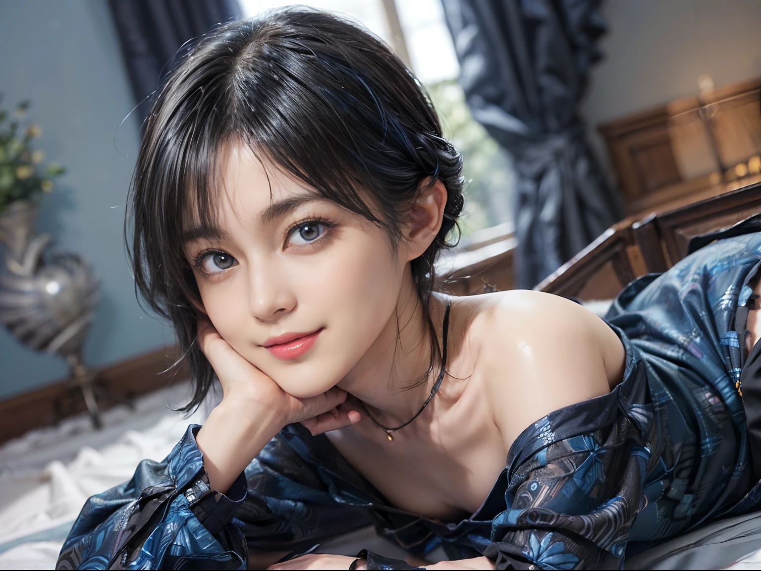 (trickart:1.3), (trompe l'oeil), Wonder Painting, (Maurice Escher:1.2), (Maurice Escher), (Black Shorthair:1.3), (a 20 yo woman), (A hyper-realistic), (masutepiece), (8KUHD), Beautiful woman, A smile, (Wearing blue clothes:1.3), Breast