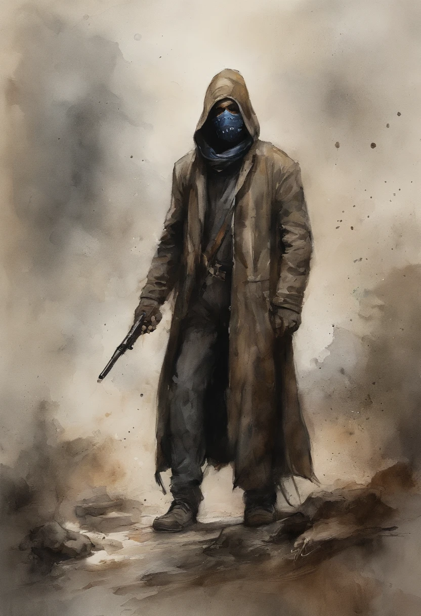 Crie um personagem chamado Simon/ fantasma, He lives in a post-apocalyptic world, com o tom de pele-pardo, ele tem 32 anos, He wears black clothes with a hooded overcoat and a mask covering his mouth, em suas costas ele usa um arco, ele tem um olhar encarador por passar por muitas lutas