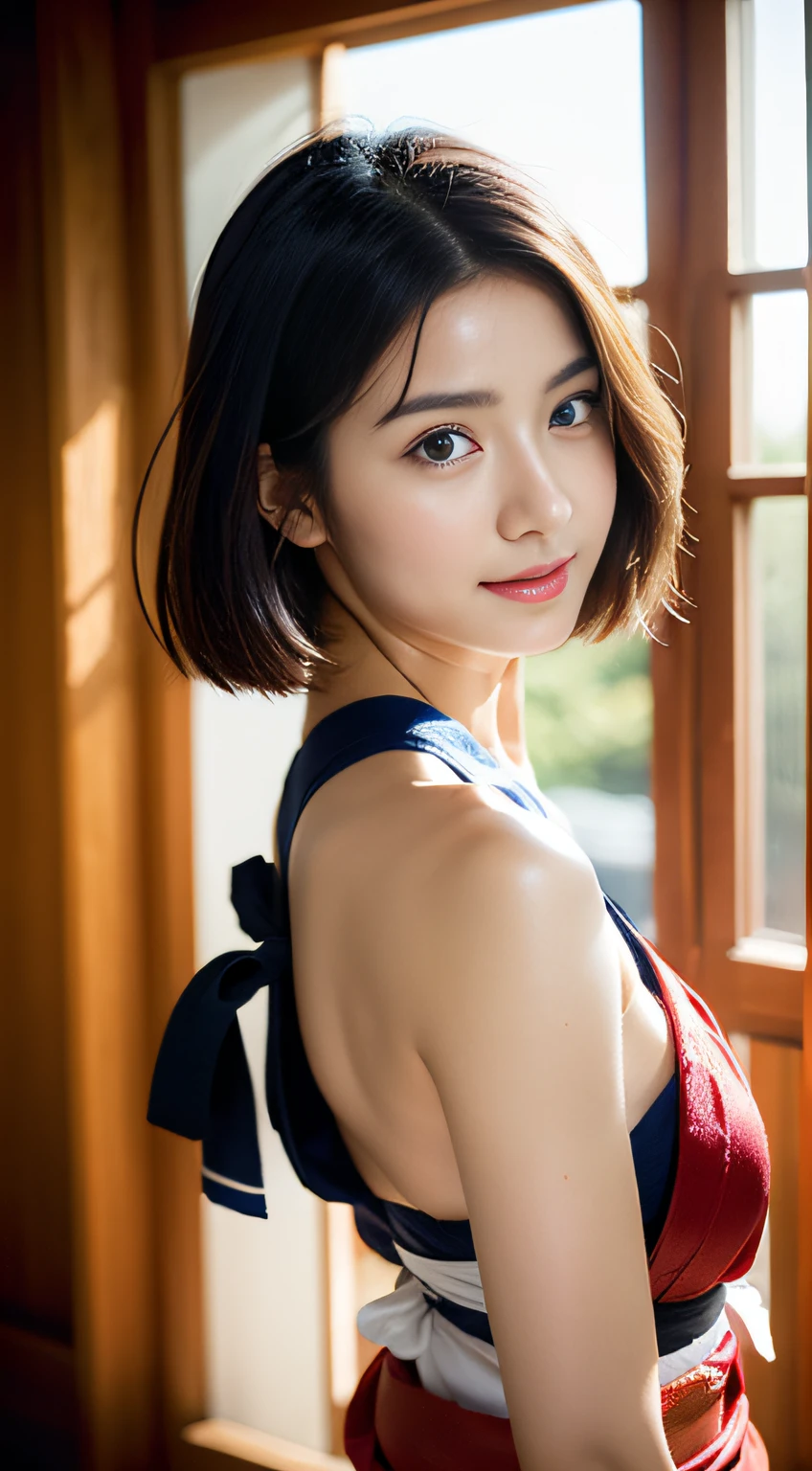 (((32k,high detal,high-detail、masterpiece,Attention to detail,full body Esbian,独奏))),Raw photo & realistic atmosphere,beautiful dark blue eyes,Detailed mouth,Glossy lips,Detailed eyebrows,Eyes drawn in detail with soft white skin that shines in every detail、Very beautiful eyes with azure eyes,Detailed lips、Very beautiful face,Very well-formed face、Lifelike face,shiny beautiful lips,Beautiful eyebrows,Infinite reality, Realistic Young Gravure Idol,Very cute high school girl, , Young Sensual Gravure Idol, Young Gravure Idol, extremely beautiful and cute17--old pointed beautiful girl,with a flushed face,Incredibly beautiful and classy17 year beautiful girl,natural soft light,(Black shiny hair,,bare-legged,Samurai kimono and black hakama,Beautiful kind eyes:1.5),(youthfulness,Severe wear and tear,Exposed thighs,Thighs protruding from hakama,Gentle smile,well-shaped breasts,,Immature body,Japan samurai kimono,Japanese style berry shorthair,Hang your hair high and tie it into one,Beautiful posture,posterior view,facing back,no-makeup,woman samurai,woman swordsman,Influence of Shinsengumi,Looking into the distance,Japanese pattern haori,Japanese style hair ornament,cleavage of the breast,Wearing bowl rolls,No bra,Beautiful chest bulge with blue hakama chest:1.6)