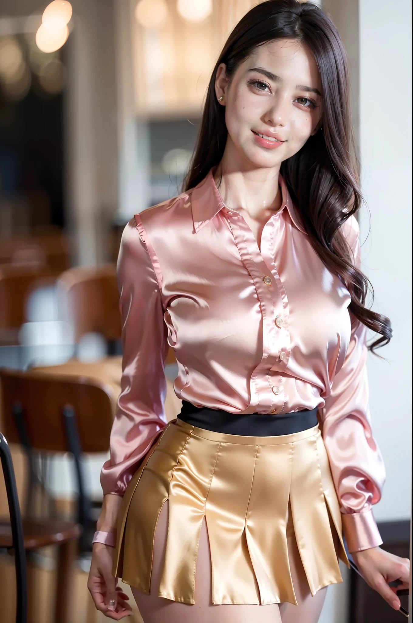 French woman, beautiful face, masterpiece, HD, photorealistic, smiling, seductive, office wear, wearing office clothes, tight silk button blouse, pleated silk skirt, sfw, formal, physics based rendering, large breasts, satin skirt, satin pleated skirt