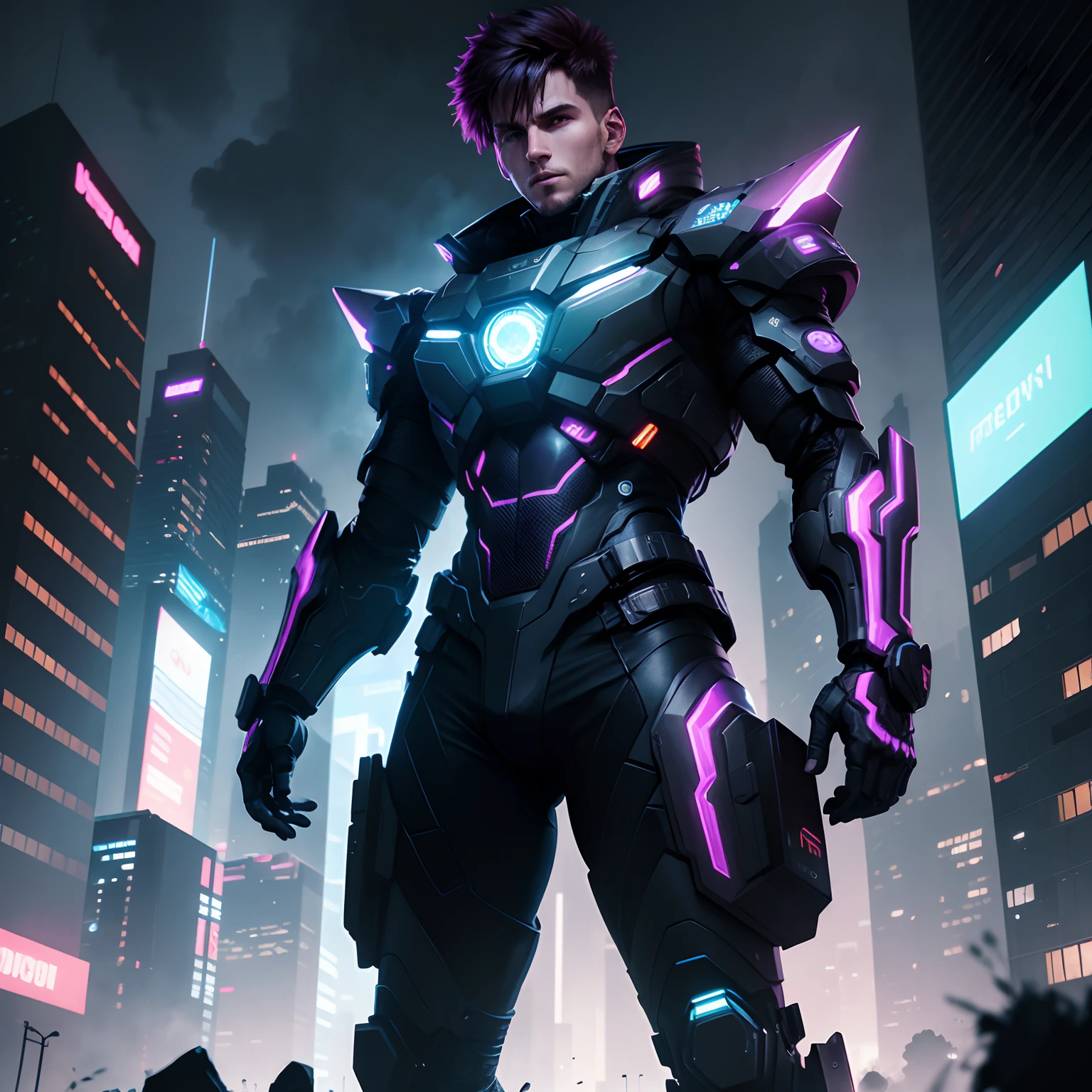 Messi as a cyberpunk-themed artwork of a cityscape at nighttime with a man in the foreground. The man is wearing futuristic clothing and has cybernetic enhancements, such as glowing cybernetic eyes and a robotic arm. The cityscape is filled with neon lights, towering skyscrapers, and flying vehicles. The atmosphere is dark and moody, with a hint of rain and fog. The artwork is created using digital illustration techniques, giving it a detailed and high-resolution quality. The colors are predominantly cool, with a mix of blues, purples, and neon accents. The lighting is dramatic, with strong contrasts between the brightly lit areas and the dark shadows.