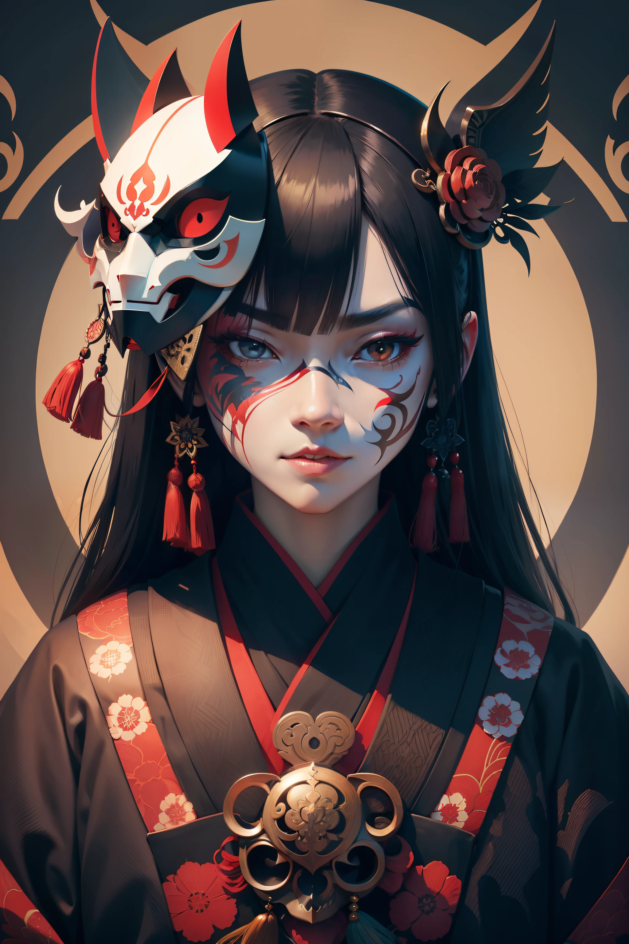 Portrait mask, illustrator, vector illustration, masterpiece, high quality, 8k, high resolution, high detail, japanese, onmyoji, (panru: 1.2), horror, evil, close-up, facing the audience, japanese pattern background