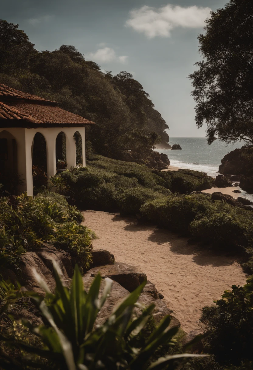uma pousada em uma praia paradisiaca, realista, entrada da pousada