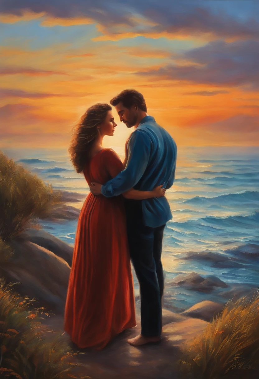 Man and woman embraced looking at the horizon oil painting style
