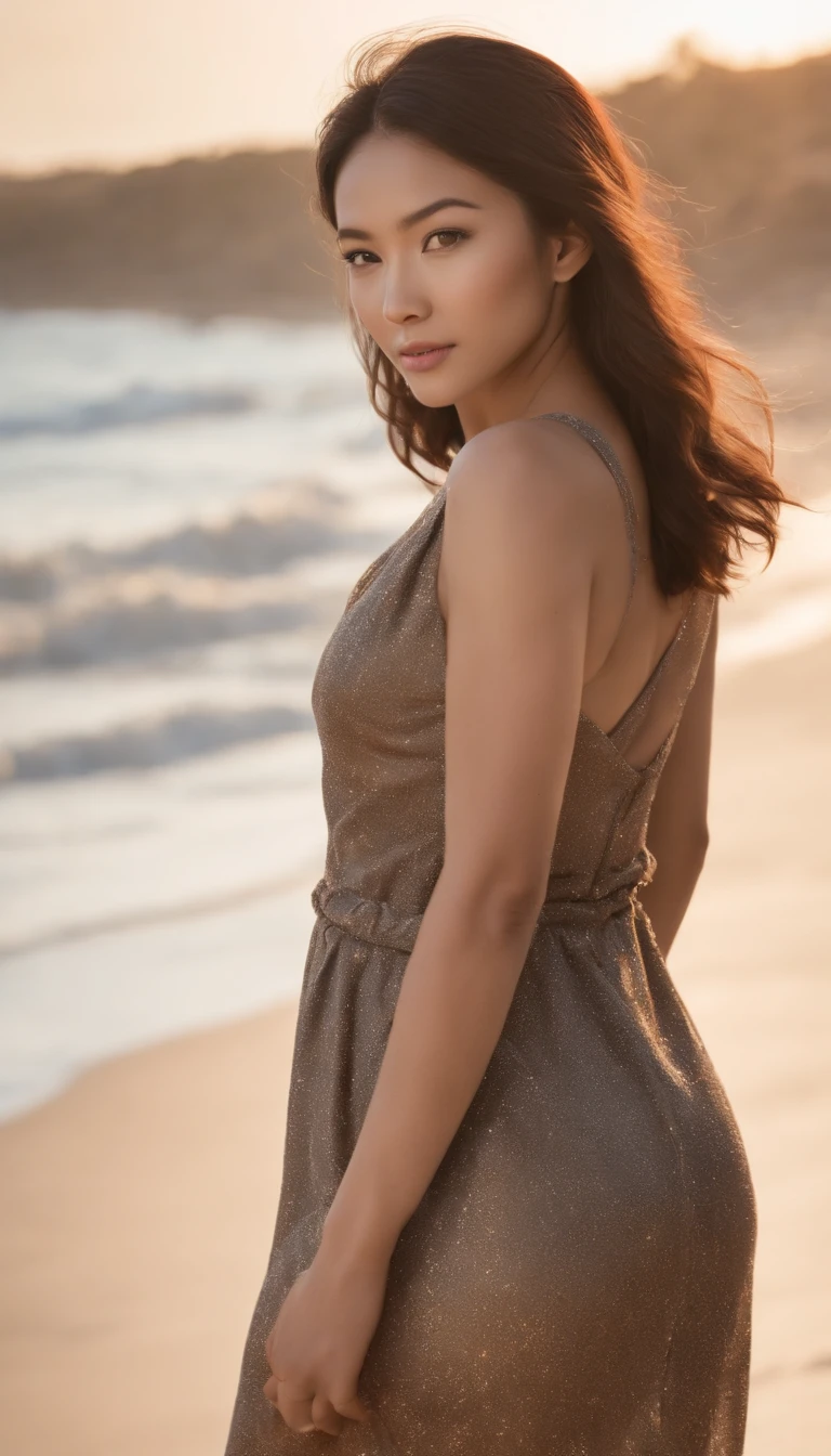 1 beautiful Asian African woman standing on the beach (Piernas separadas)1.3, Elegante corte de pelo rubio y corto, Llevar ((Micro) Minivestido ajustado)1.2, (Shorter dress)1.3, (Escote profundo con collar cruzado dorado entre grandes pechos naturales), Malla, cara y ojos detallados, Cuerpo tonificado perfecto, Muslos y piernas perfectos, (micro vestido) (Pokies)