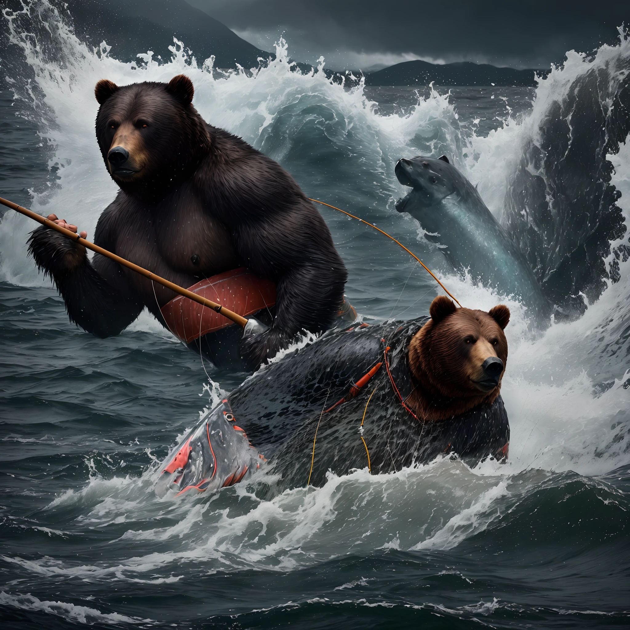 melhor qualidade,alto),A boy fishing for salmon in Alaska, Na margem do rio, um urso gigantesco perseguindo o pescador, Dramatic lighting and intense atmosphere, cores vibrantes, Detailed representation of man's fishing equipment and bear skin, Estilo fotorrealista, sparkling water, movimento poderoso, breathtaking landscapes