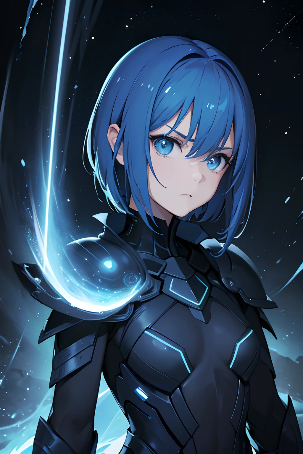 (masterpiece), A petite girl, a short hair with (sky-blue hair), and two big eyes, flat chest, (big-eared), (blue tail:1.5), (best quality,highres:1.2),ultra-detailed,(realistic:1.37),(sci-fi),(dark, moody lighting),(cosmic colors), intense gaze,glowing body,enigmatic presence,cosmic background,cosmic dust and particles,intense expression, silent and mysterious figure,dark silhouette,futuristic style,distant stars and galaxies, (dark overcoat),sharp features,intimidating aura,incandescent sun-like glow,cosmic being with immense power,distant planets and asteroids.