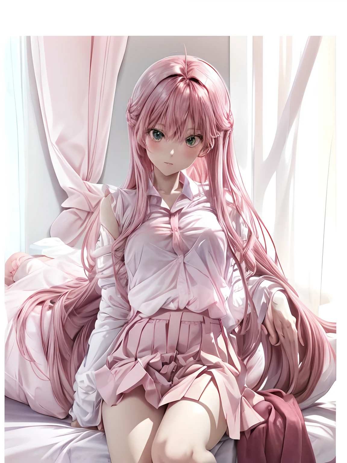 Super high resolution, (Realistic: 1.4), Original photo, 1 girl, ((Best Quality)), (Masterpiece: 1.2), (Delicate Beautiful Girl), illustration, 1 girl, long pink hair, delicate makeup, white shirt, skirt, luxurious room, sofa, red wine, squatting on the ground, blushing